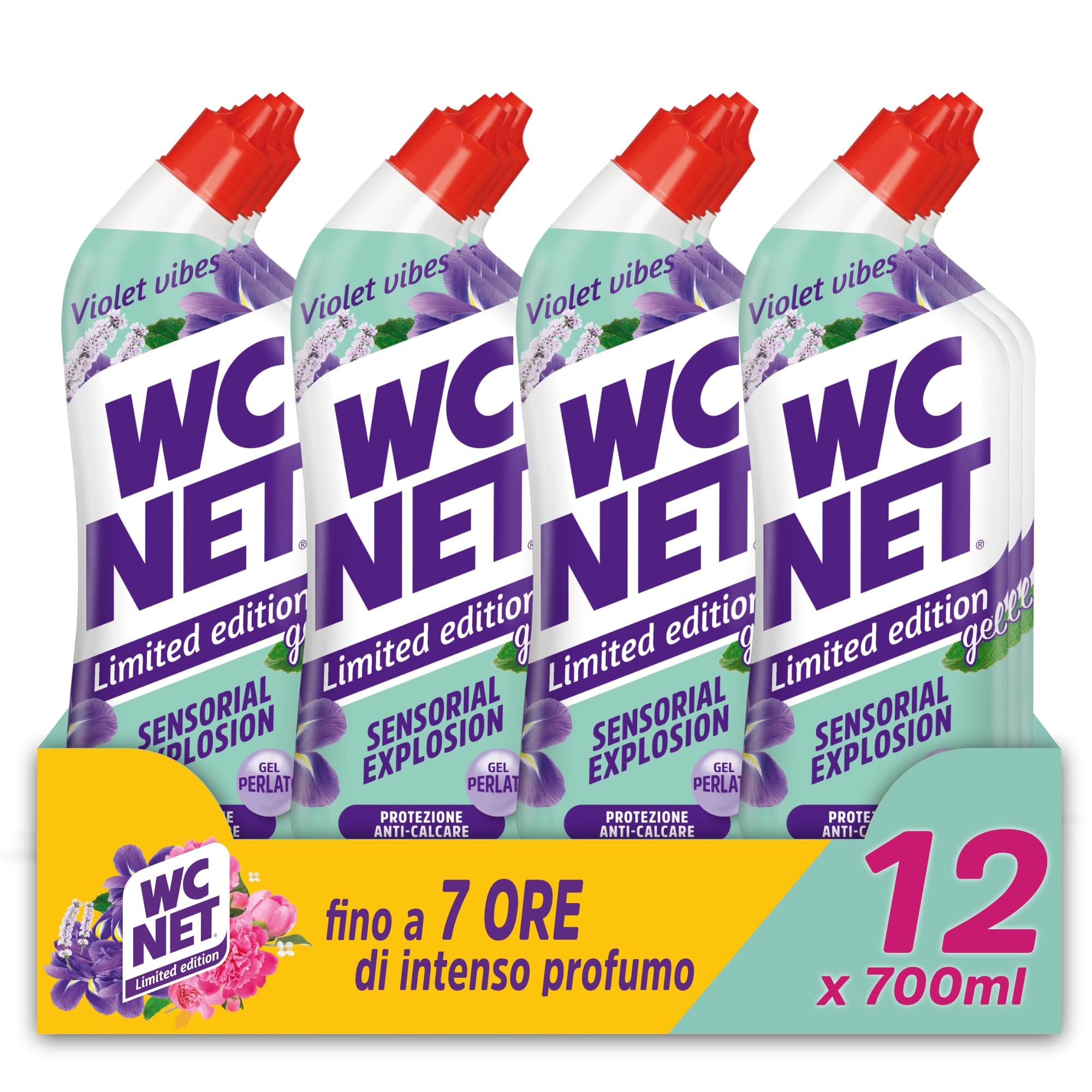 Wc Net - Limited Edition Violet Vibes, Detergente Liquido per Sanitari, Essenza Iris Viola e Patchouli, Prevenzione Calcare e Igienizzante per WC, 700 ml x 12 Confezioni
