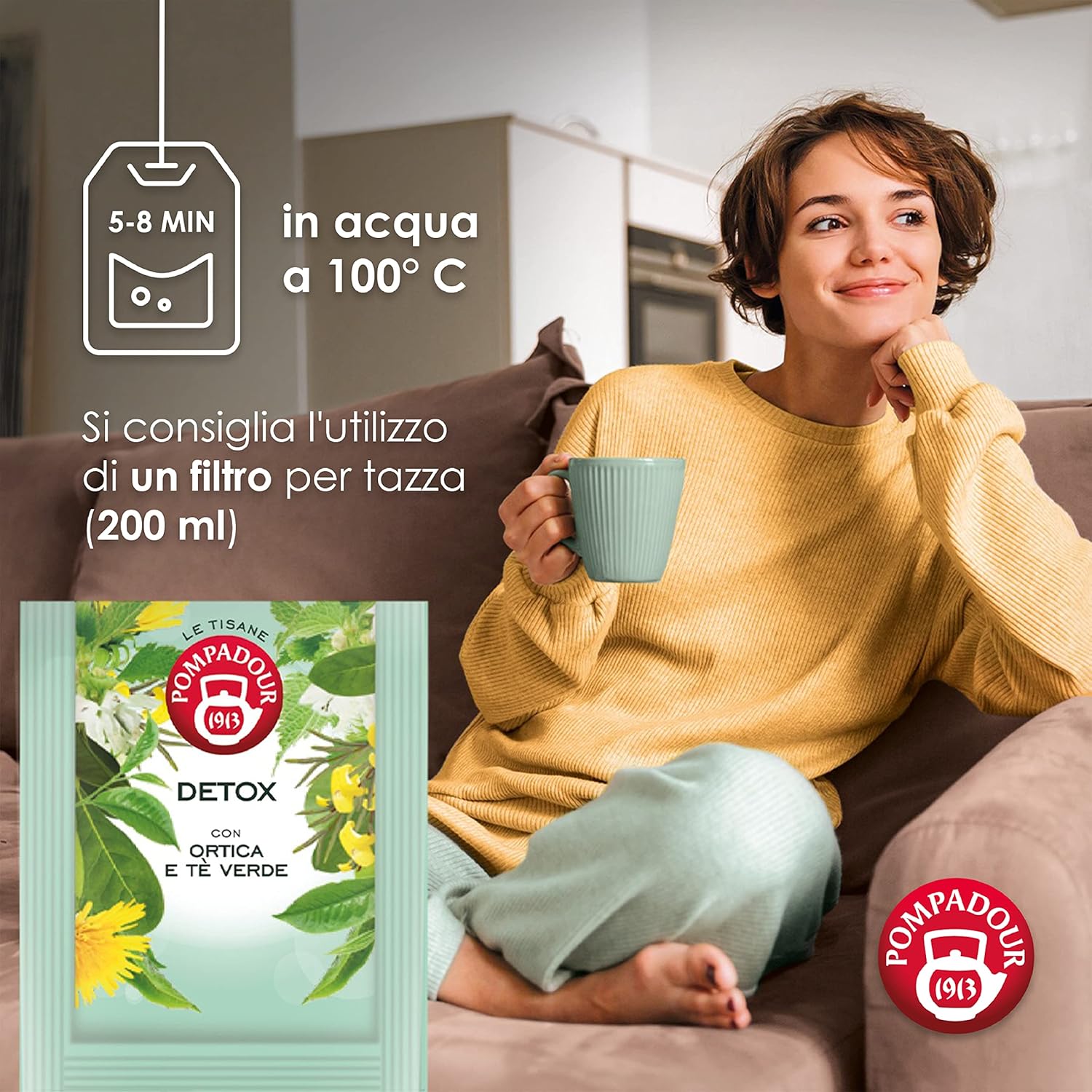 Pompadour, Tisana Detox Plus con Ortica e Tè Verde, 54 Filtri (3 Confezioni da 18 Filtri), Favorisce Leggerezza e Benessere, Senza Lattosio, Glutine e Allergeni, Vegan TISANA DETOX PLUS Single - Immagine 4