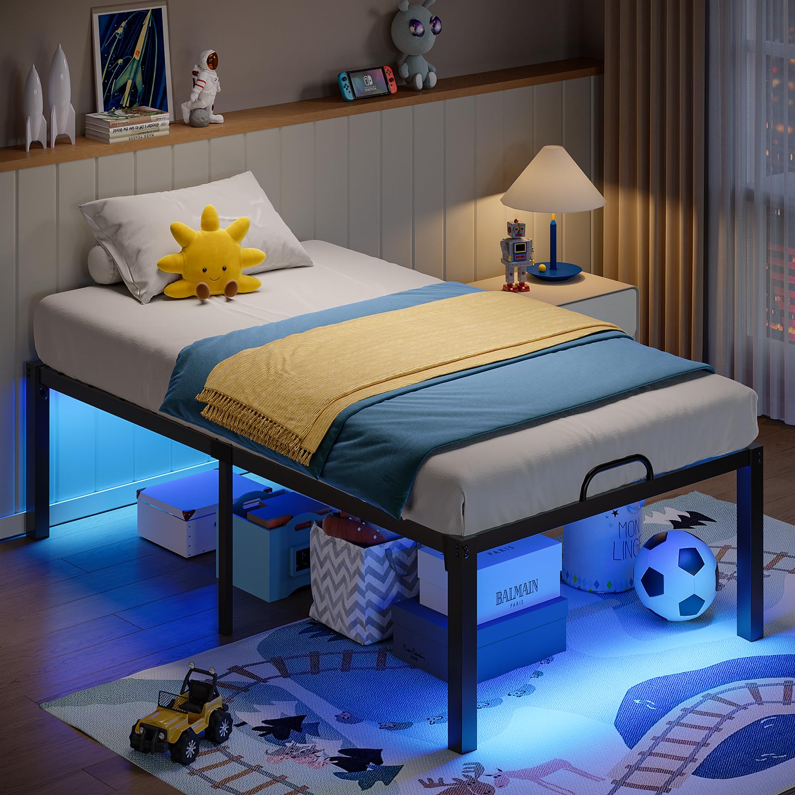 Fully assembled Pinmoco 18 Inch Metal Twin Bed Frame with LED lights