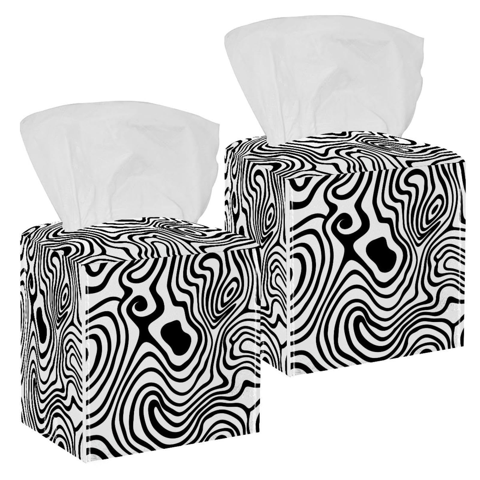 Artistic Swirl Tissue Box Cover, 2 Pack PU Leather Square Facial Tissue Dispenser Box holder for Home Office Car