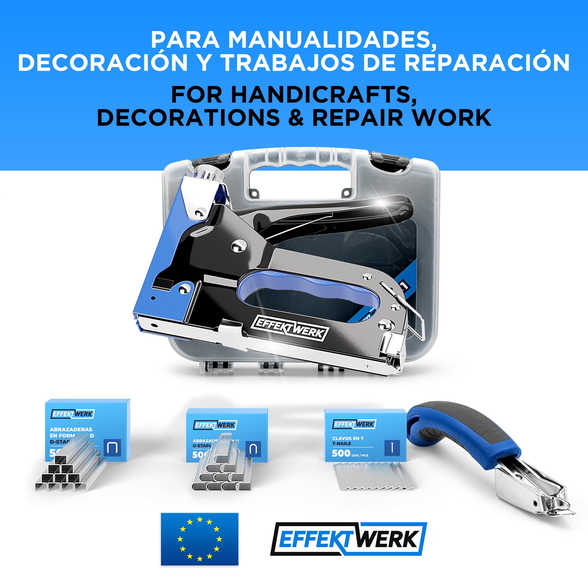 Set de Grapadora 5 en 1 - Grapadora de Alta Resistencia + 1500 Grapas + Quitagrapas para Madera, Tela, Malla Metálica - Construcción, Manualidades, Tapicería