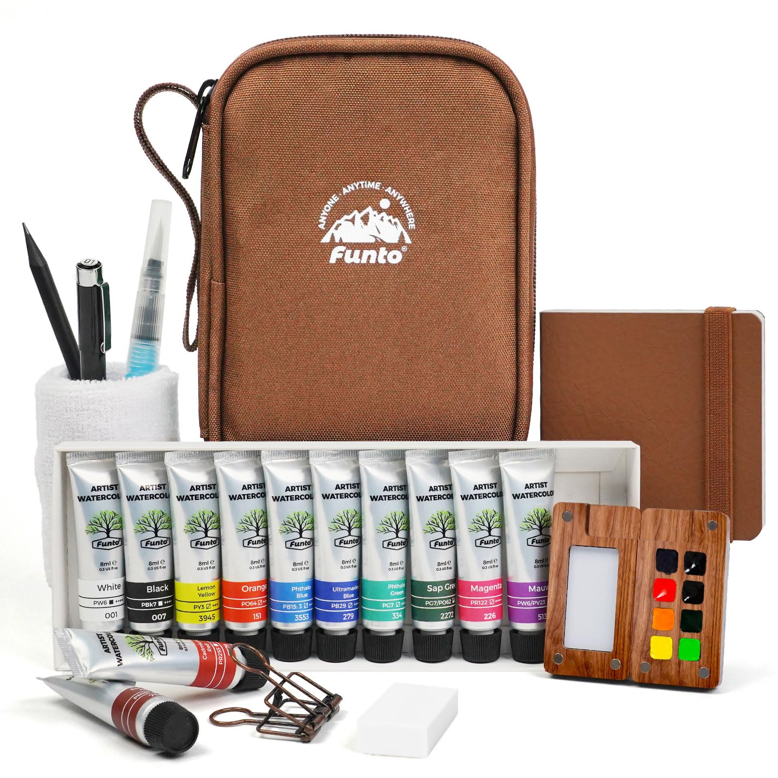 Funto Mini watercolour Travel Set, 12-Color Refillable Travel Art Kit, All-in-One Mini Paint Supplies with Bag, Art Craft for All, Portable Water Color Paint for Beginners, lovers and Artists