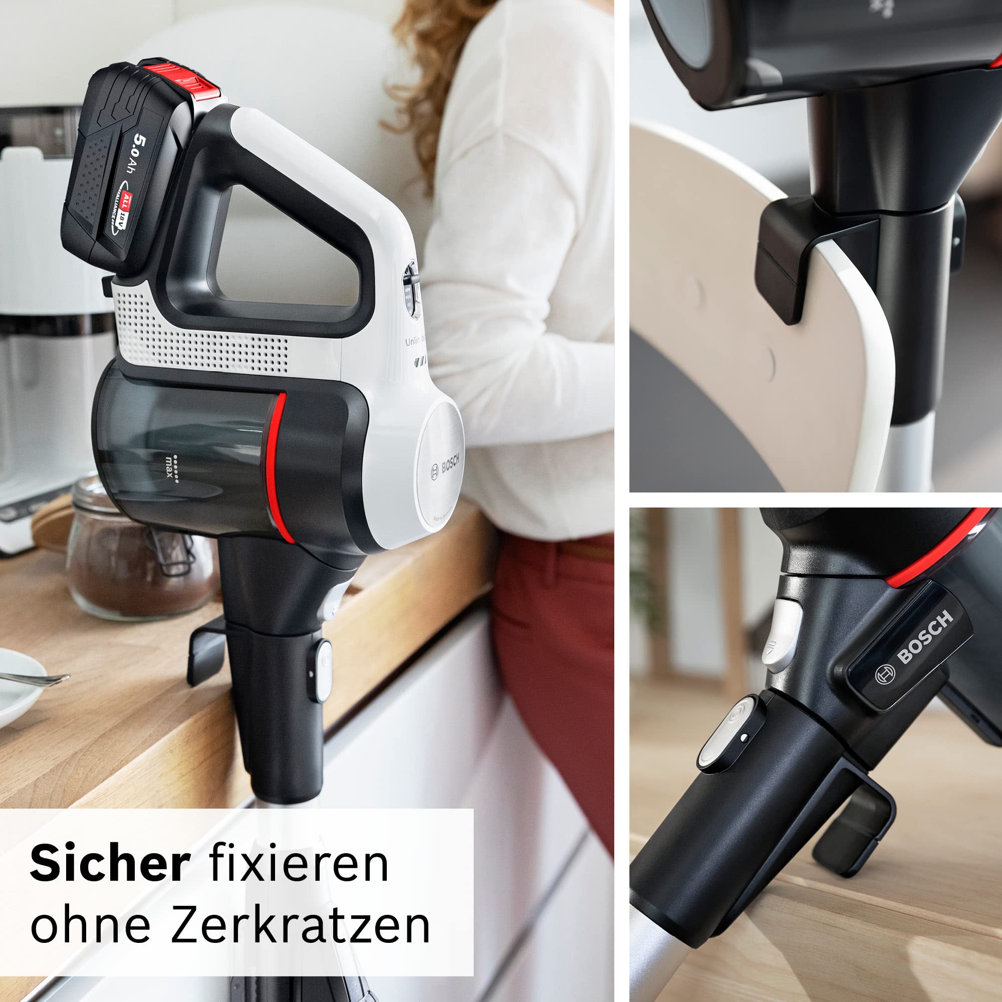 Bosch Akku-Staubsauger Unlimited 7 BSS715CARP, kabellos, Knickrohr, Hygiene-Filter, 10 Jahre Motorgarantie, 5.0 Ah Akku, Schnellladegerät, XXL-Polsterdüse, Turbostufe, Made in Germany, weiß