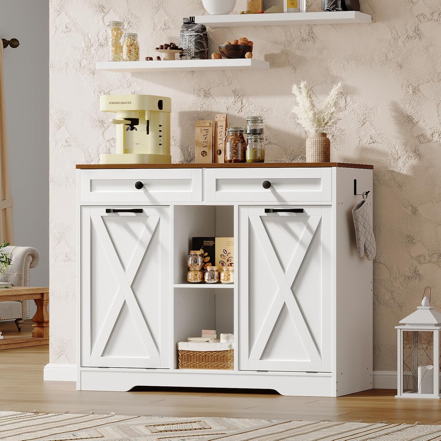tilt out laundry hamper cabinet styled in a bathroom showing farmhouse decor