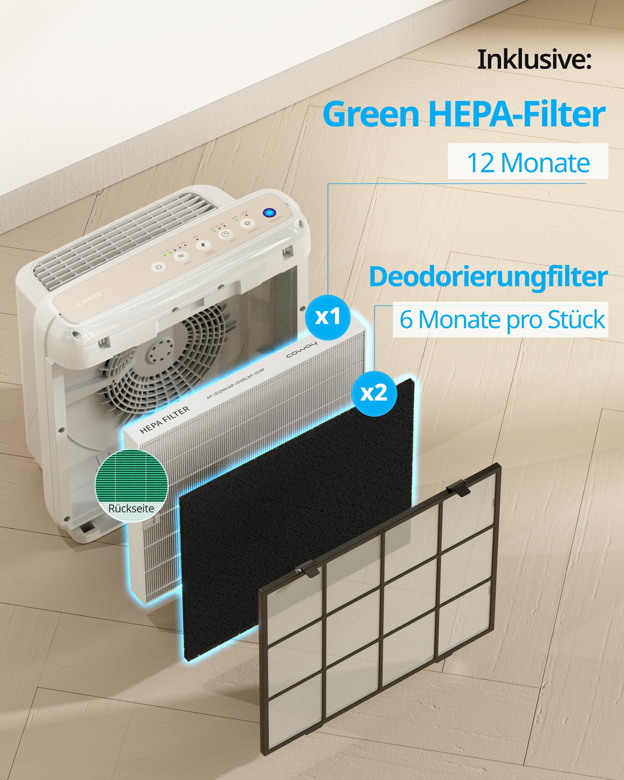 COWAY Ersatzfilter für AP-1512HH Mighty, AP-1512HHS und AP-1518R Airmega200M Luftreiniger, Originalfilter, GreenHEPA für Europa entwickelt, Hergestellt in Korea