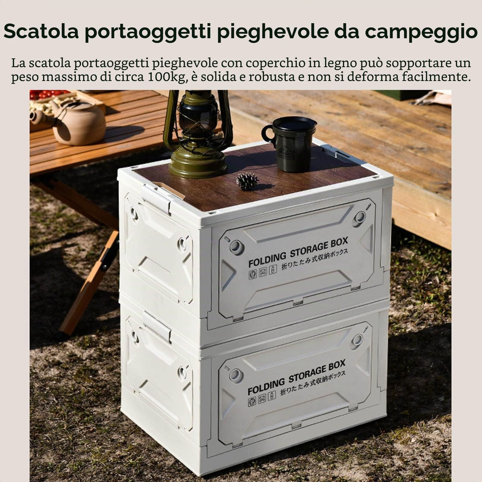 Ejoyous Scatola Portaoggetti da Campeggio con Coperchio in Legno, Scatola da da Campeggio da 50 Litri Scatola da Campeggio con Baule a 4 Ruote, Pieghevole, per Auto, Campeggio,