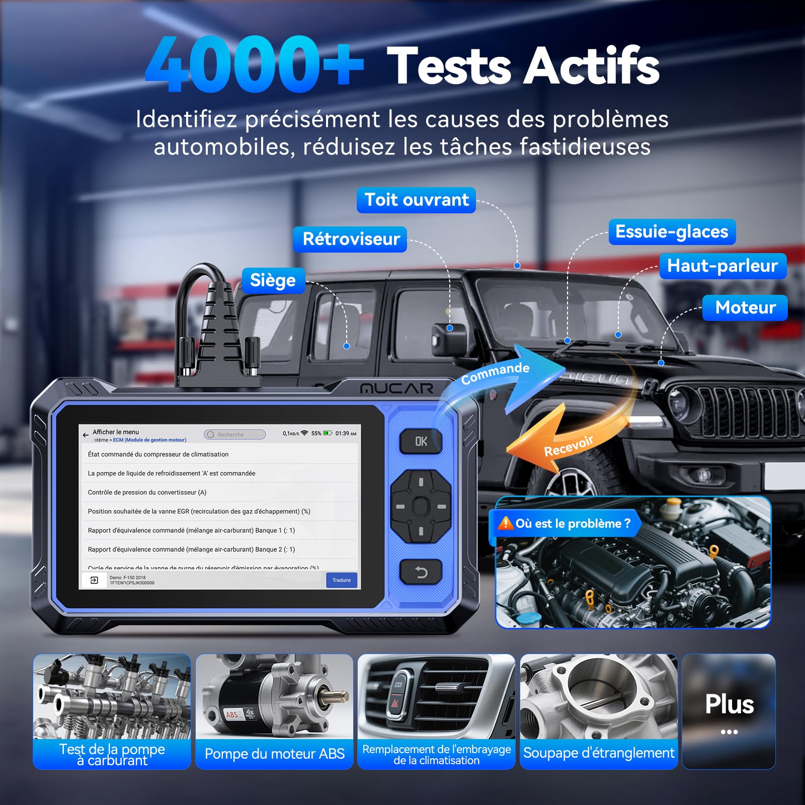MUCAR 682 Diagnostic Intelligent par IA Valise Diagnostic Auto, Diagnostic Complet du Système, Tests Actifs Bidirectionnels, 20 Réinitialisations, Guide V.A.G, FCA AutoAuth, CANFD (MUCAR 682-FR)