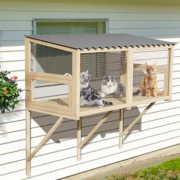 Cat Catio, Cat Window Box for Multiple Indoor Cats, Catio Pet Perch with Metal Mesh Locking Side Door, Wooden Enclosure Window All Weather Use 360 Enjoying Outdoors Original Wood, Large
