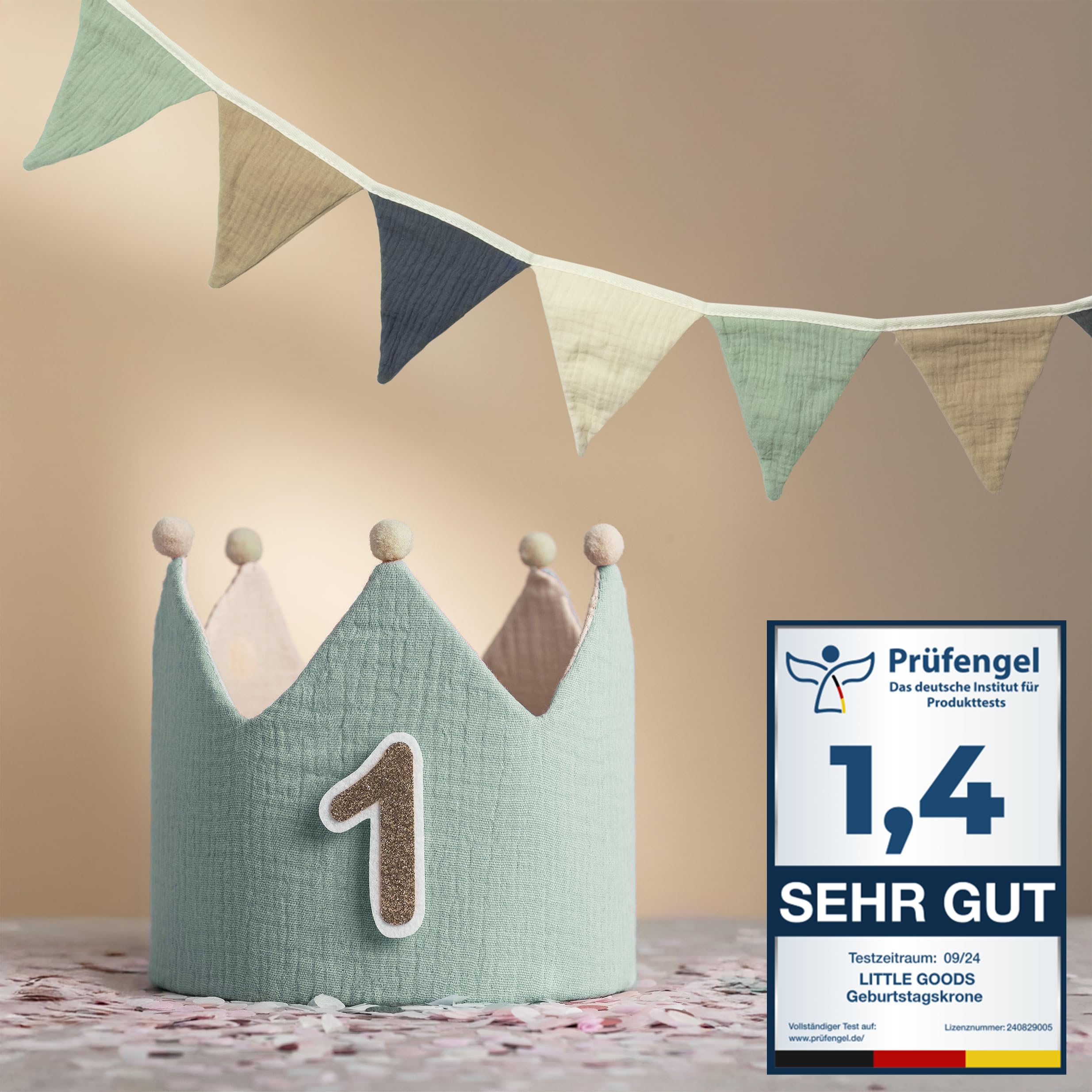 Little Goods Geburtstagskrone inkl. Girlande (Krone und Wimpelkette) für Kinder - wendbare Musselin-Stoffkrone mit Zahlen 0-9 für Jungen, Mädchen in Pastell - Beige und warmen Tönen