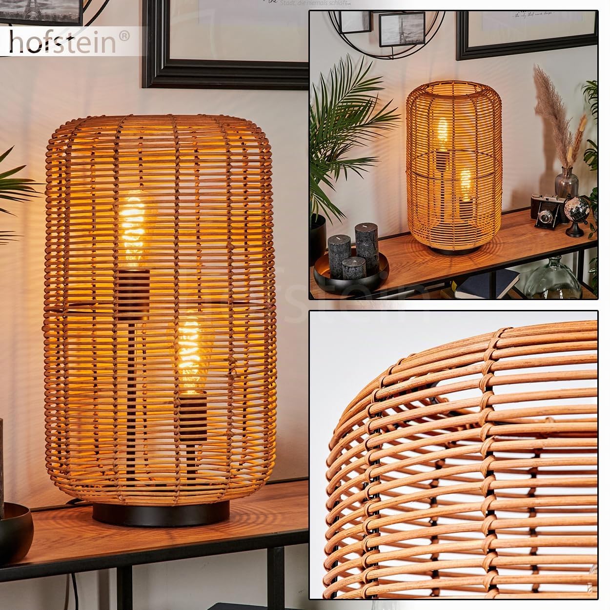 Tischleuchte Mulstrand, moderne Boho Tischlampe aus Metall/Rattan in Schwarz/Natur, Nachttischlampe mit Schirm in Gitter-Optik, An-/Ausschalter am Kabel und Lichteffekt, 2 x E27, ohne Leuchtmittel