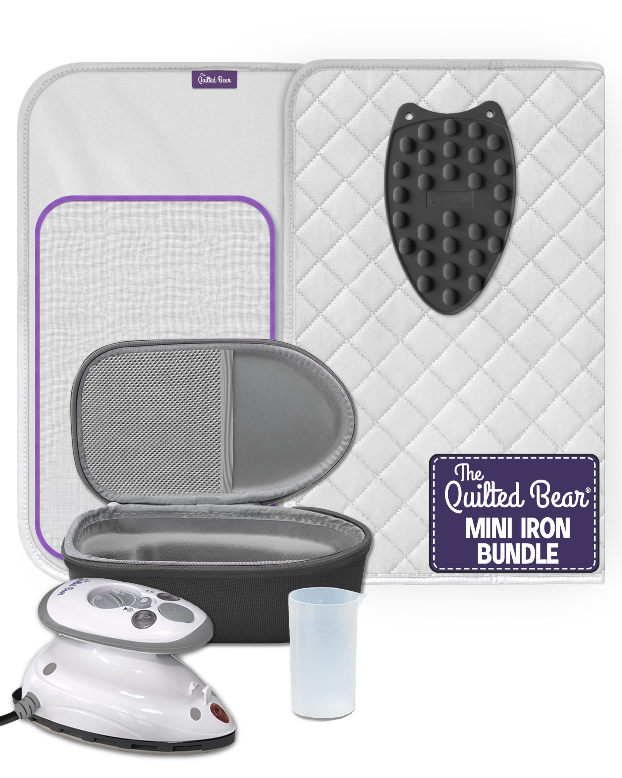The Quilted Bear Mini Iron, Rest & Ironing Mat - Lightweight Mini Steam Iron with Hard Shell Travel Case, Rest & Ironing Mat - Travel Essentials for Wrinkle Free Clothes & Effortless Quilting (Black)