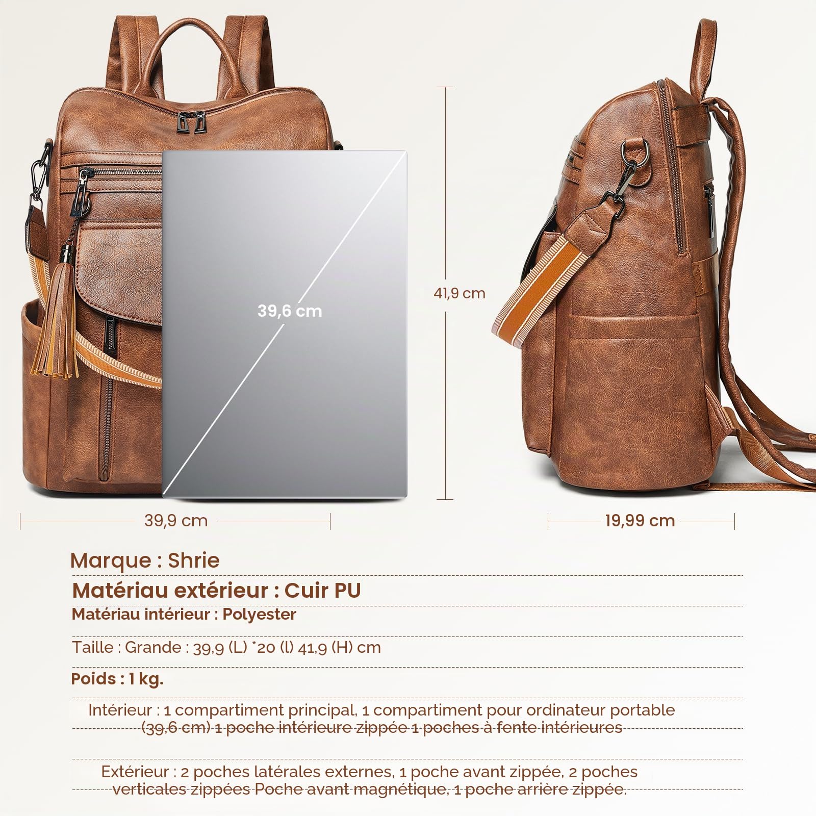 Shrrie Sac à dos élégant ordinateur portable femme 15,6 pouces en cuir | Sac à jour professionnel résistant à l'eau convertible,antivol,compartiment ordinateur, adapté travail,tourisme,école