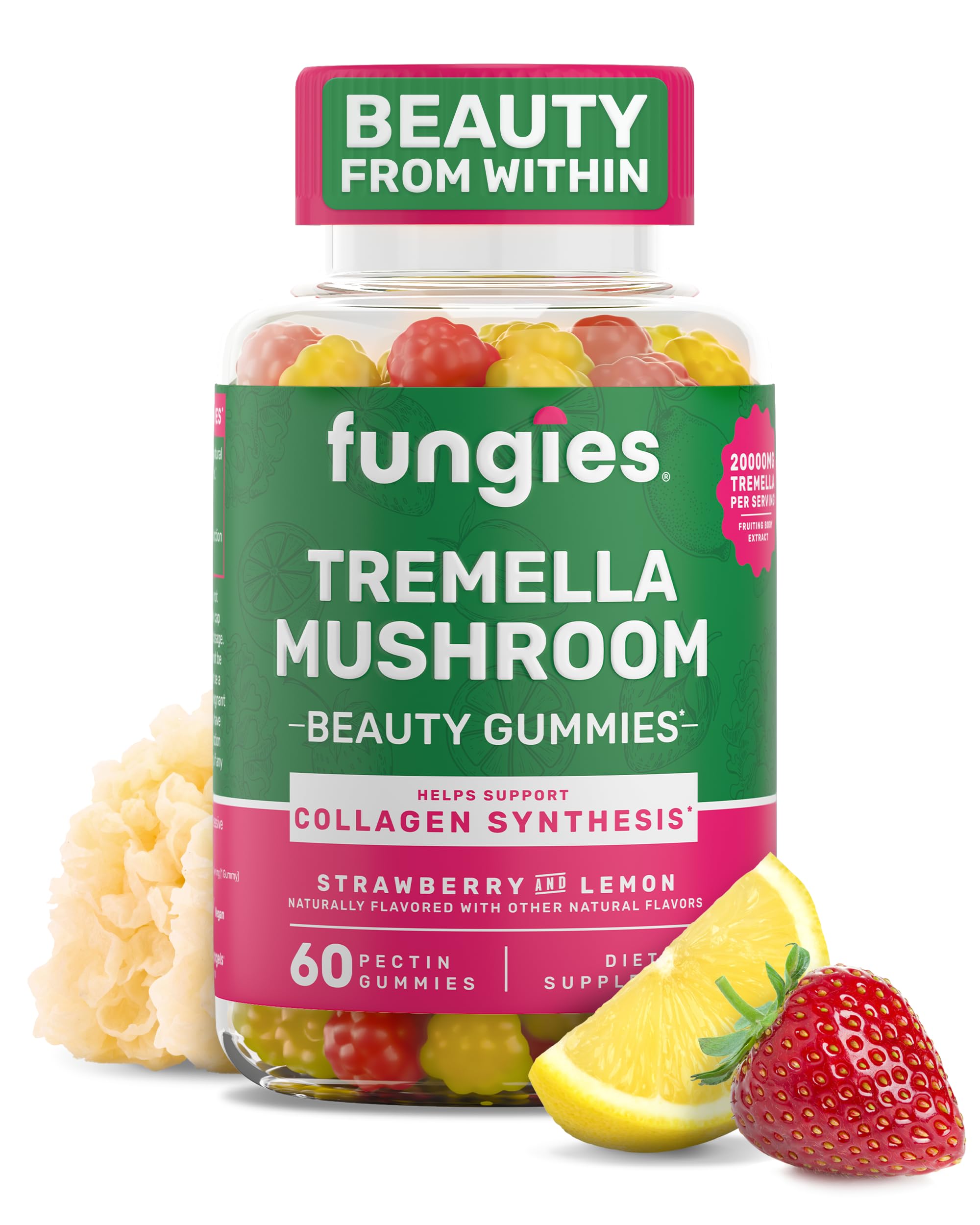 Tremella Mushroom Gummies, Mixed Strawberry & Lemon Flavor - Mushroom Herbal Supplement Gummy for Adults Supports Collagen Synthesis, Healthy Skin & Healthy Aging - Beauty Gummies 60 Servings