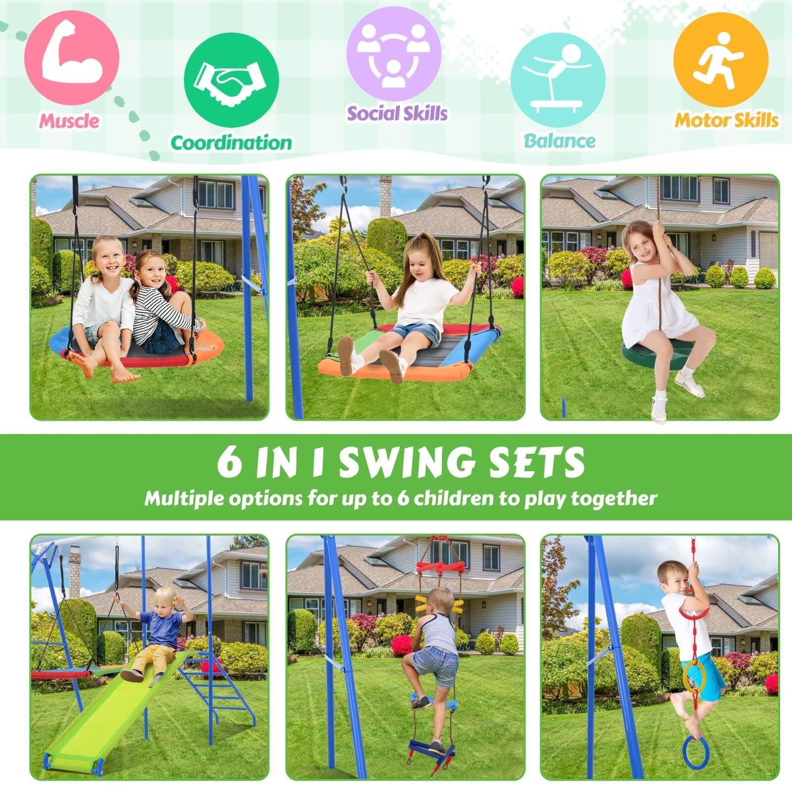 Merax Swing Sets for Backyard, 6 in 1 Swing Sets, 1500lbs Heavy-Duty Metal Swing Sets for Backyard with Climbing Rope ladder, Disc Swing, Monkey Bar Swing, Slide and Climbing, Saucer Swing, Swing Ring