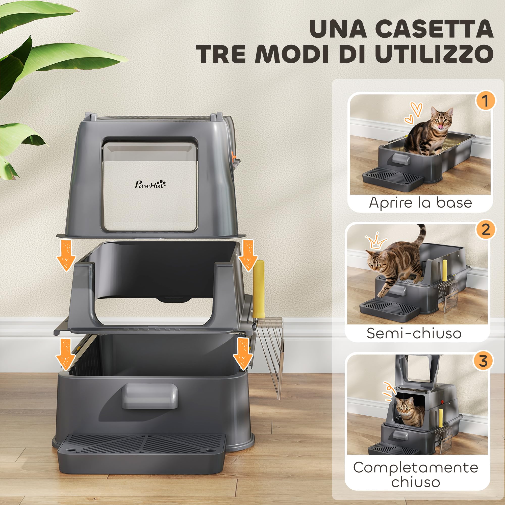 PawHut Lettiera per Gatti Chiusa XXL in Acciaio Inox, 3 in 1 Toilette per Gatti 80L con Coperchio Ribaltabile 180°, Pedale e Paletta, Antiaderente, Antiodore, Facile da Pulire, Grigio Scuro