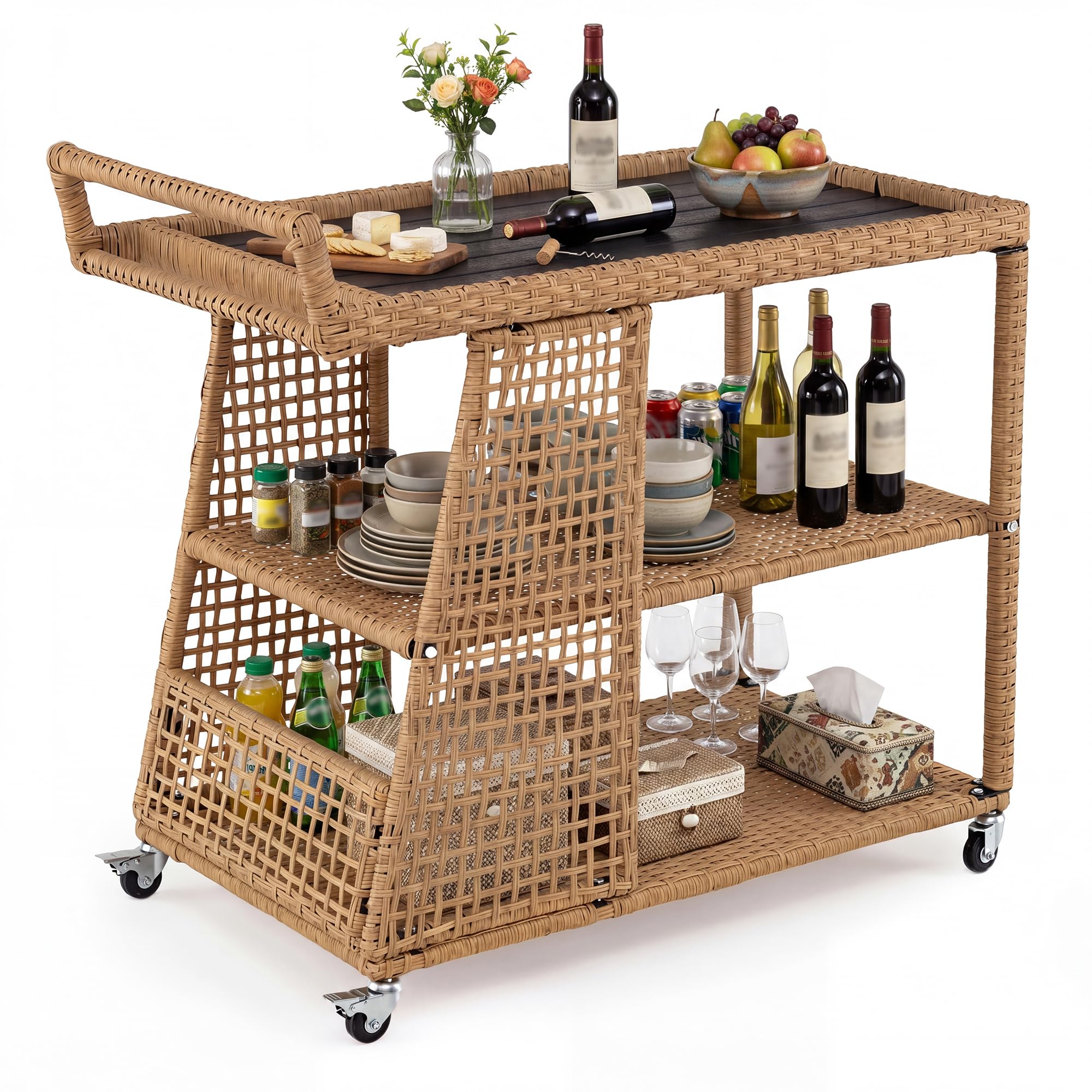 SOARS Carrello Bar in Rattan, Carrello Portavivande con 3 Ripiani Aperti e 4 Ruote, Maniglia Ergonomica, Moderno Carrellino Servizio Esterno Interno per Giardino, Terrazzo, Cucina, 98 X 54 X 92 CM