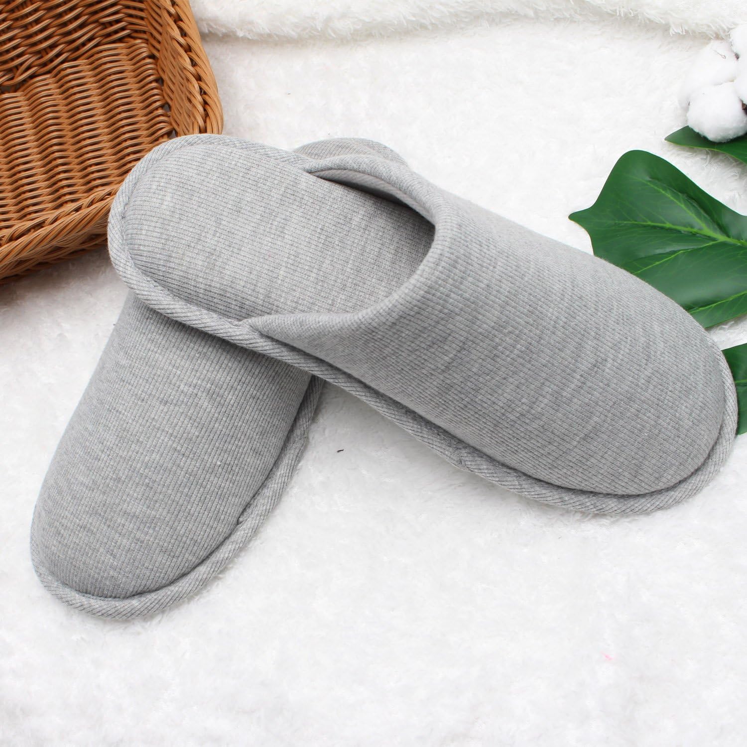 ofoot Mens Indoor Memory Foam Cotton Scuff Slippers Slip On Summer House Shoes Flats Breathable Lightweight Washable Non Skid Rubber Soles