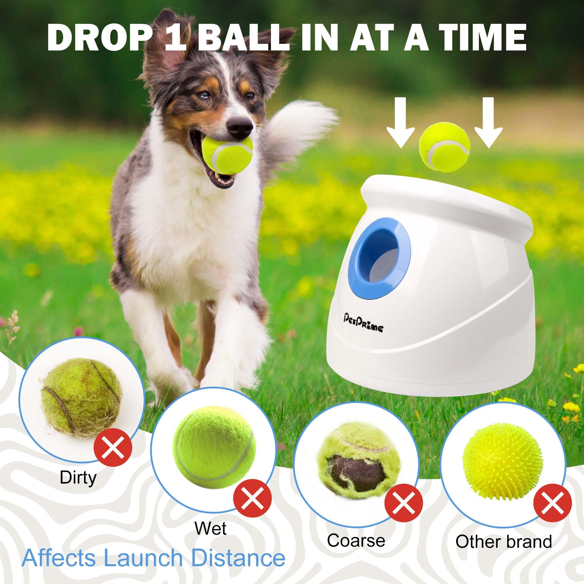 Pet Prime Lanzador automático de pelotas para perros para razas grandes, juguete interactivo recargable con 10-40 pies, máquina de búsqueda con 6 pelotas de tenis duraderas de 2.5 pulgadas y silbato