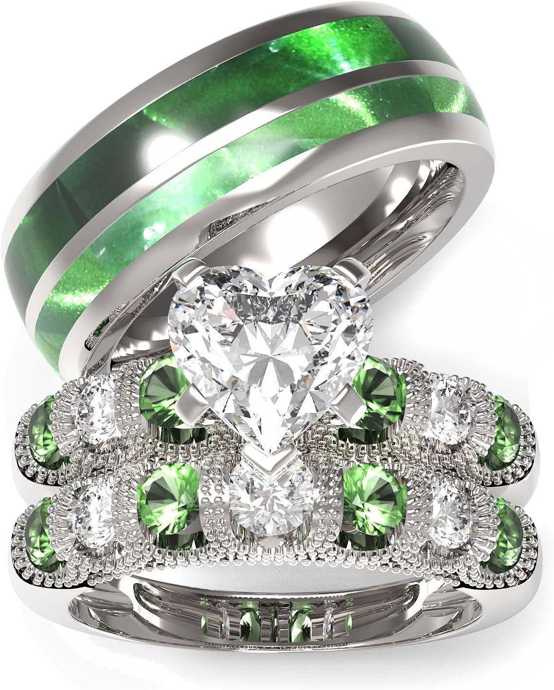 TWO RINGS Wedding Ring Sets His And Hers Promise Ring Couples Bridal Sets Women 925 Sterling Silver Heart Cz Man Tungsten Carbide Wedding Bands