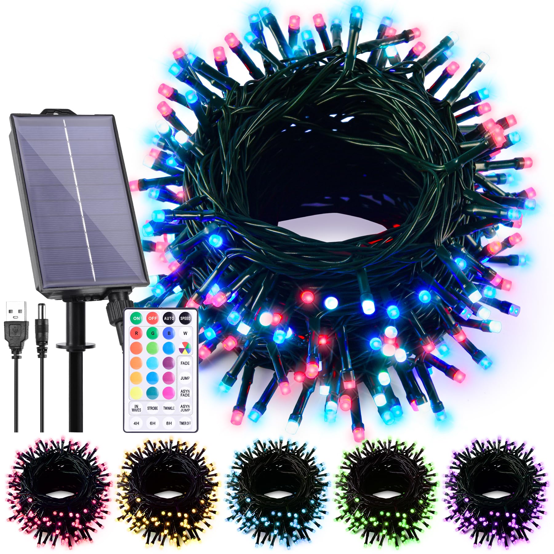 Solar-Lichterkette für den Außenbereich, wasserdicht, 12 m, 18 Farben wechselnd, 100 LEDs, solarbetrieben und USB mit Fernbedienung, RGB-Lichterkette für den Außenbereich, Baumzaun, Party