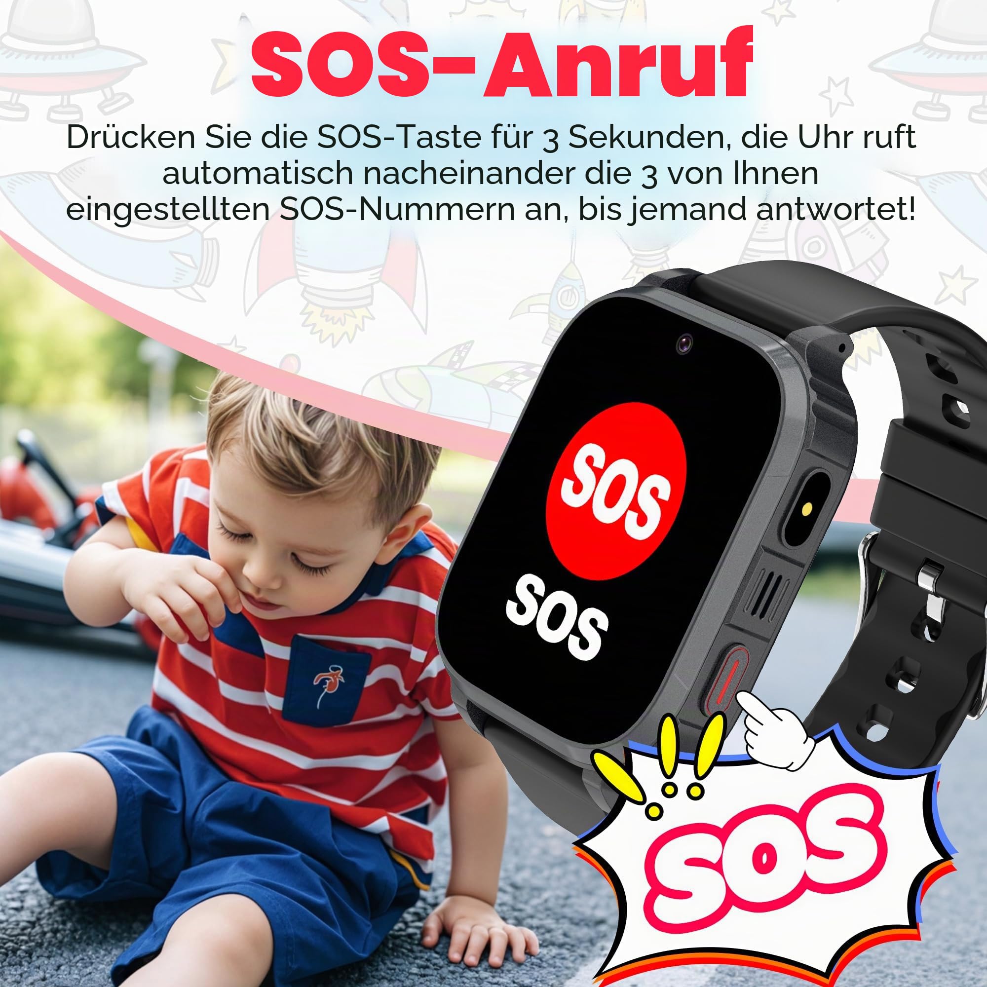 Smartwatch Kinder GPS, Kinder Smartwatch mit GPS Kinderuhr 1,83" HD Spiel IP68 Wasserdicht Wecker Taschenrechner, Smart Watch Geschenk für Mädchen Jungen Student (Schwarz)