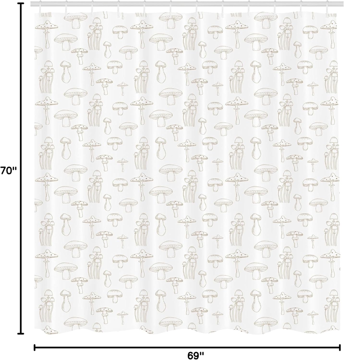 Ambesonne Mushroom Shower Curtain, Monochrome Digital Pencil Drawing Magic Garden Produce Sketch Illustration Print, Cloth Fabric Bathroom Decor Set with Hooks, 69" W x 70" L, Almond White