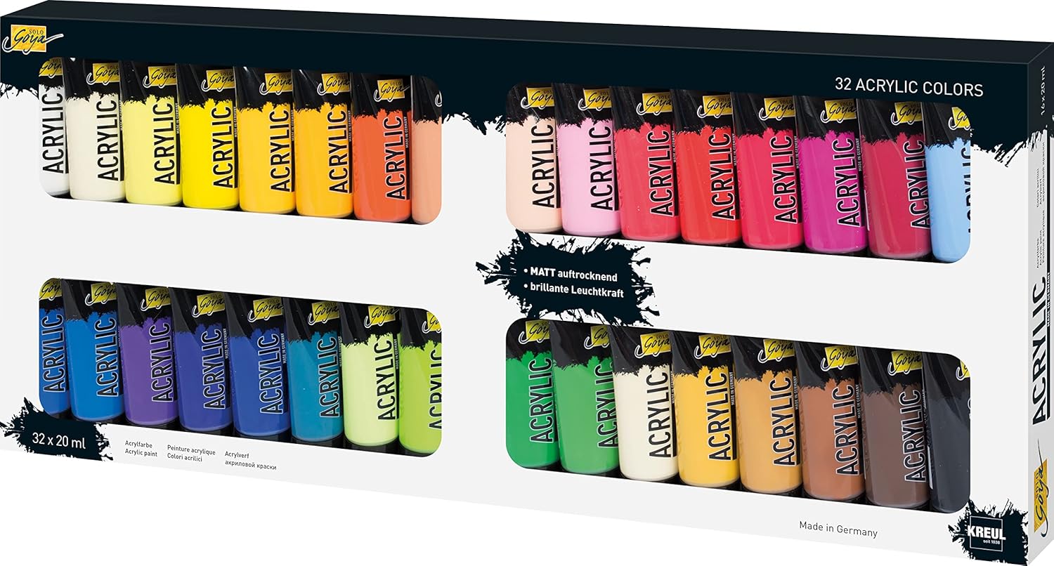 KREUL Solo Goya 84173 Acrylic Set of 32 Colours in 20 ml Tubes, Creamy Versatile Acrylic Paint in Study Quality, Water-based, Quick and Matt Drying, Good Coverage, Waterproof