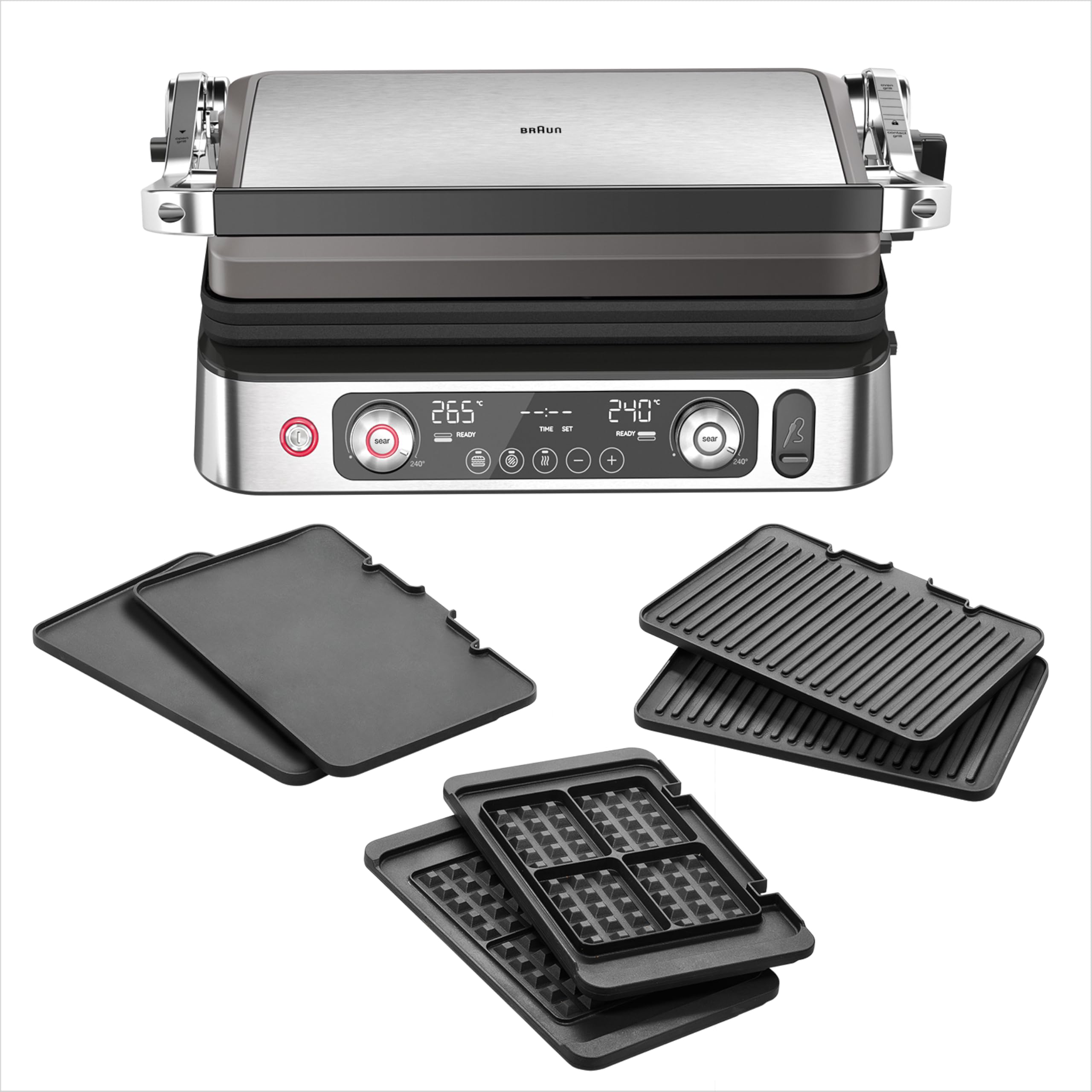 Braun MultiGrill9 CG9167 Griglia Elettrica a Controllo Elettronico, 2 Termostati Indipendenti, 3 Posizioni Cottura, Termosonda, Funzione BOOST, in Dotazione 1 Set Piastre Griglie+​Liscie+​Waffle, 2200W