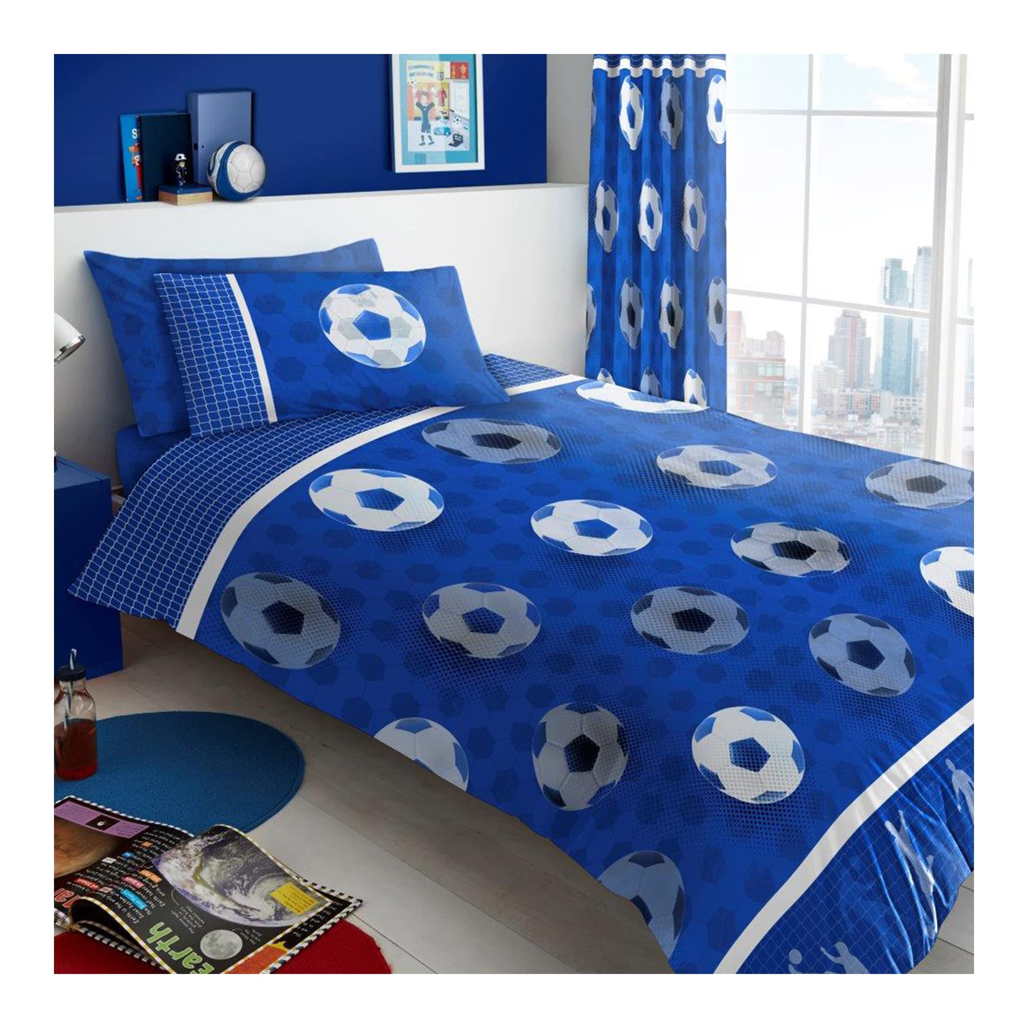 Lions Blue Football Goal Single Duvet Cover with Matching Pillowcase, 2 Piece Soccer Boys Bedding Set, Poly Cotton Ultra Soft Quilt Covers, Button Closure, 137x200cm