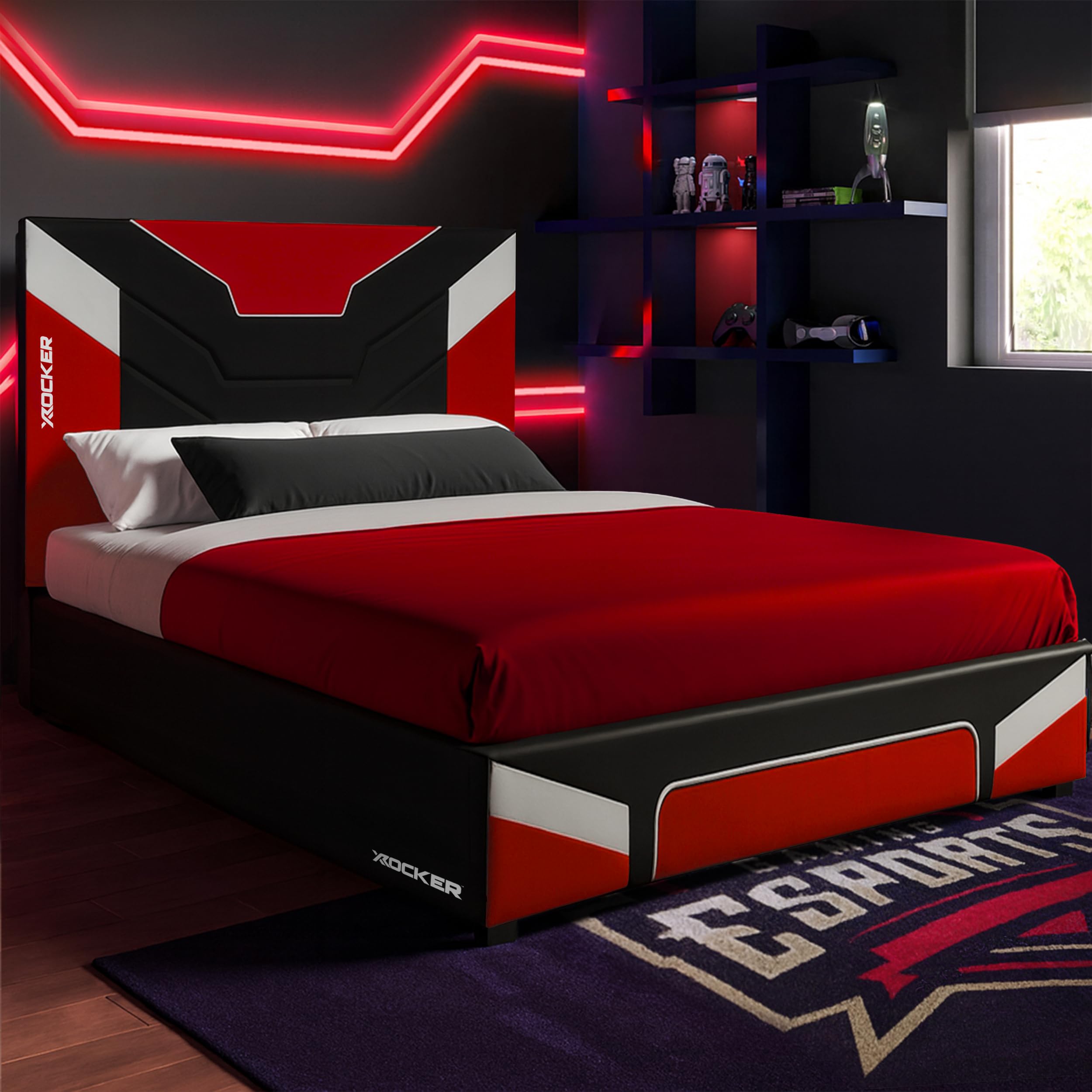 X-Rocker Cerberus MKII 4ft6 Double, Gaming Upholstered Bed Frame - Flat-pack for Easy Assembly, Breathable Comfort, Wooden Slats, Wipe-Clean Faux Leather for Kids & Teens - Red - 135x190cm