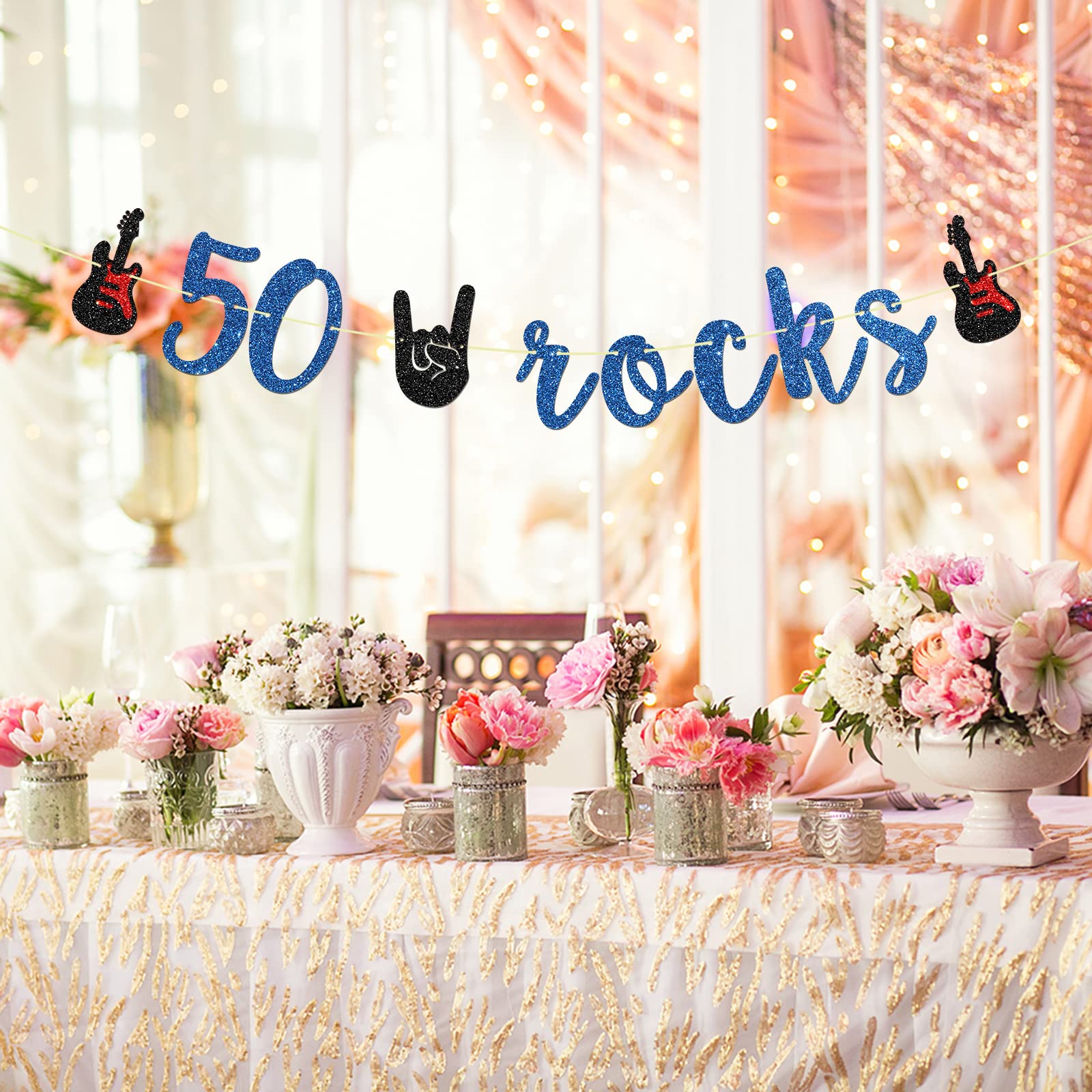WeBenison '50 Rocks' Birthday Banner - Rock And Roll 50th Birthday Party Decorations With Glitter