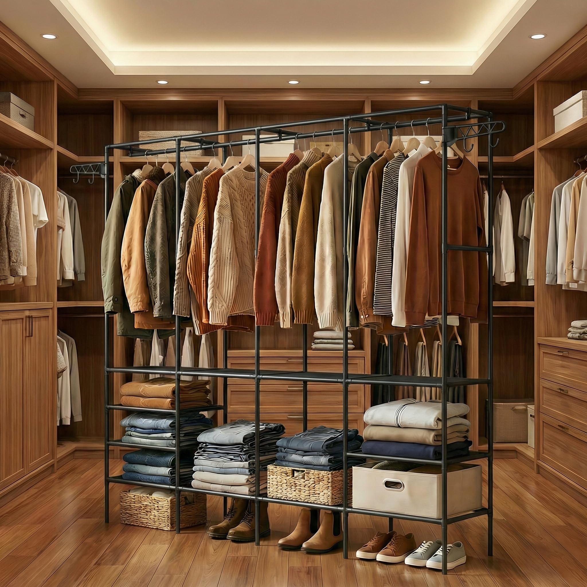 Huracan Porte-manteaux, Armoire ouverte avec penderie et étagères, Armoire debout en métal, Porte-manteaux pour la chambre à coucher, le salon et l'entrée, Noir