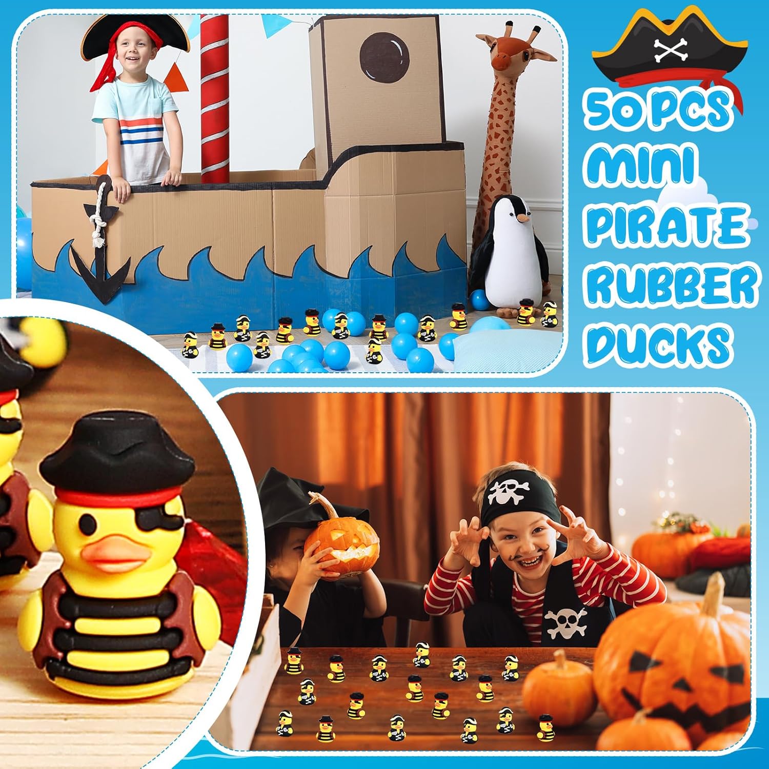 Gejoy 50 Pcs Mini Pirate Rubber Ducks Small Assorted Cruise Duck Figurines Bulk for Ducking Party Favors Halloween Carnival Supplies Baby Shower(Pirate)
