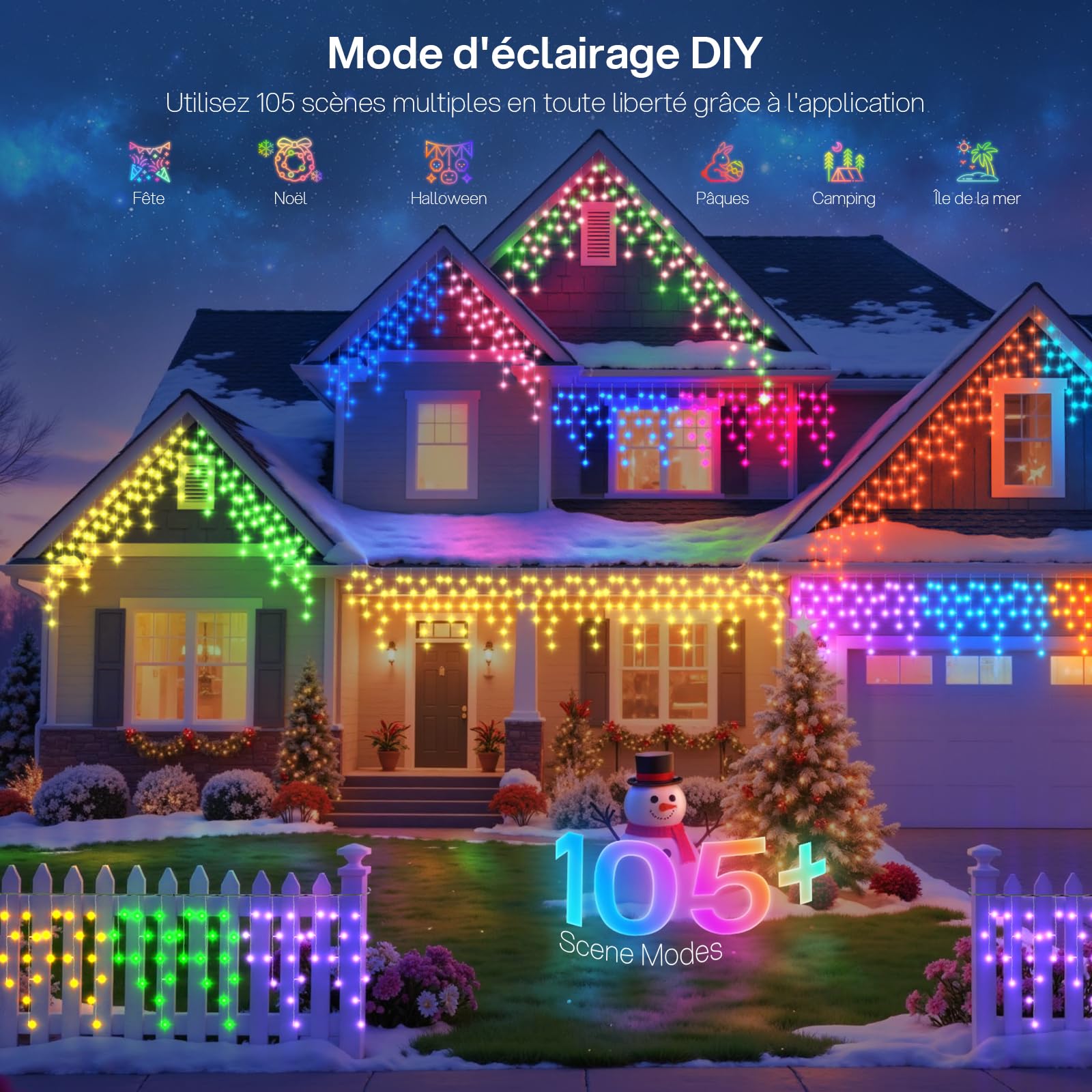 REYLAX Guirlande Lumineuse Extérieur 20M 598 LED RGB Icicle Lights Rideau avec Technologie Smart App Télécommande Dynamic Scene Modes Étanche IP67 pour Noël Fenêtre de Mariage Décoration