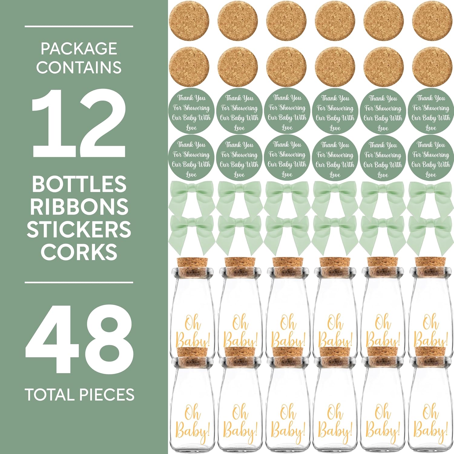 Ethisa Vintage 12 Pack Oh Baby Woodland Milk Glass Bottles with Ribbons and Stickers - Classy Baby Shower Favors for Guests and Table Centerpieces - Gender Neutral Eucalyptus Decoration - Safari Theme