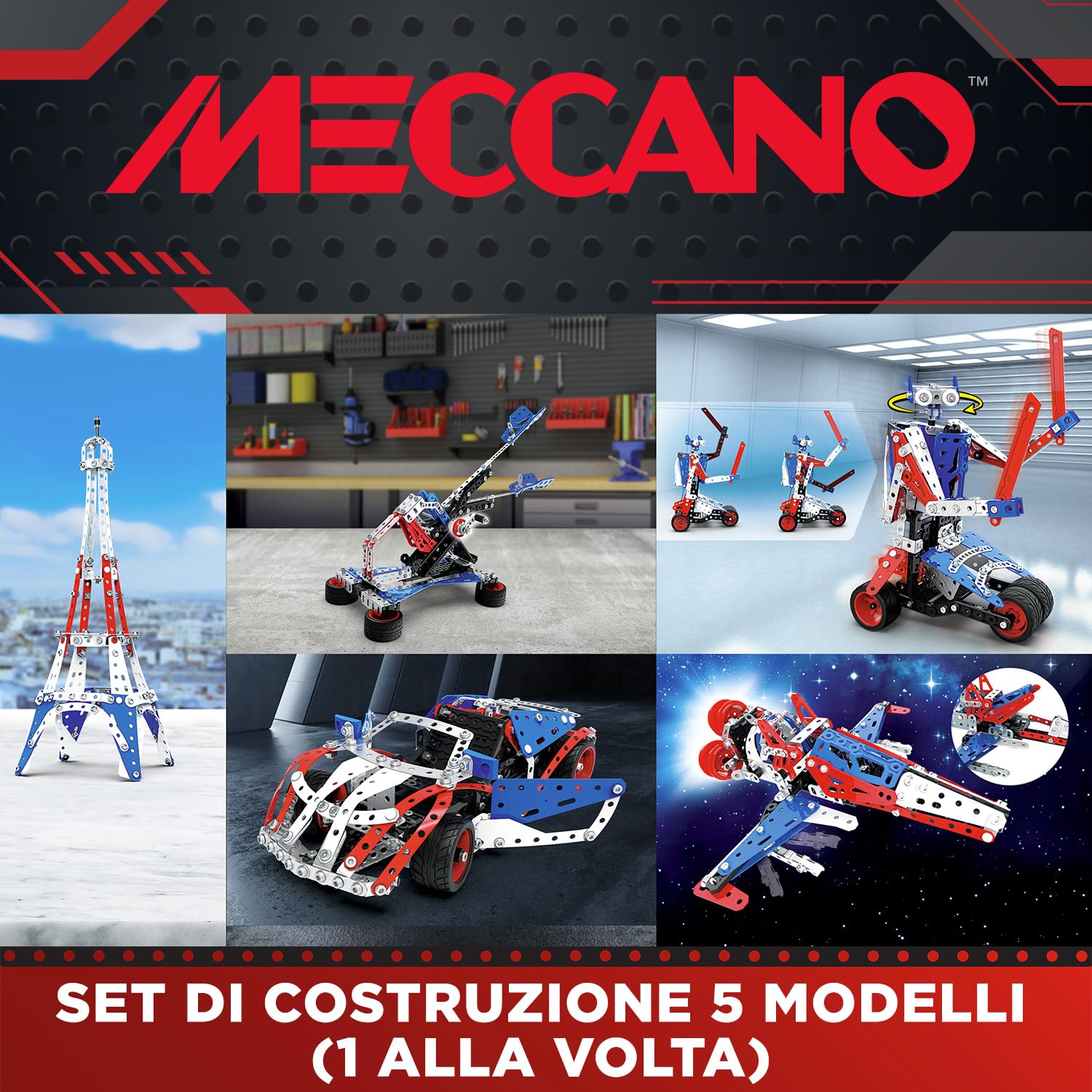 BANDAI - Meccano Valigetta di Costruzione - Kit di Costruzione 5 in 1 Veicoli, Robot, Torre Eiffel - 437 pezzi, attrezzi, istruzioni - Kit Attività assemblaggio - Giocattolo Bambini 10+ - APM20106