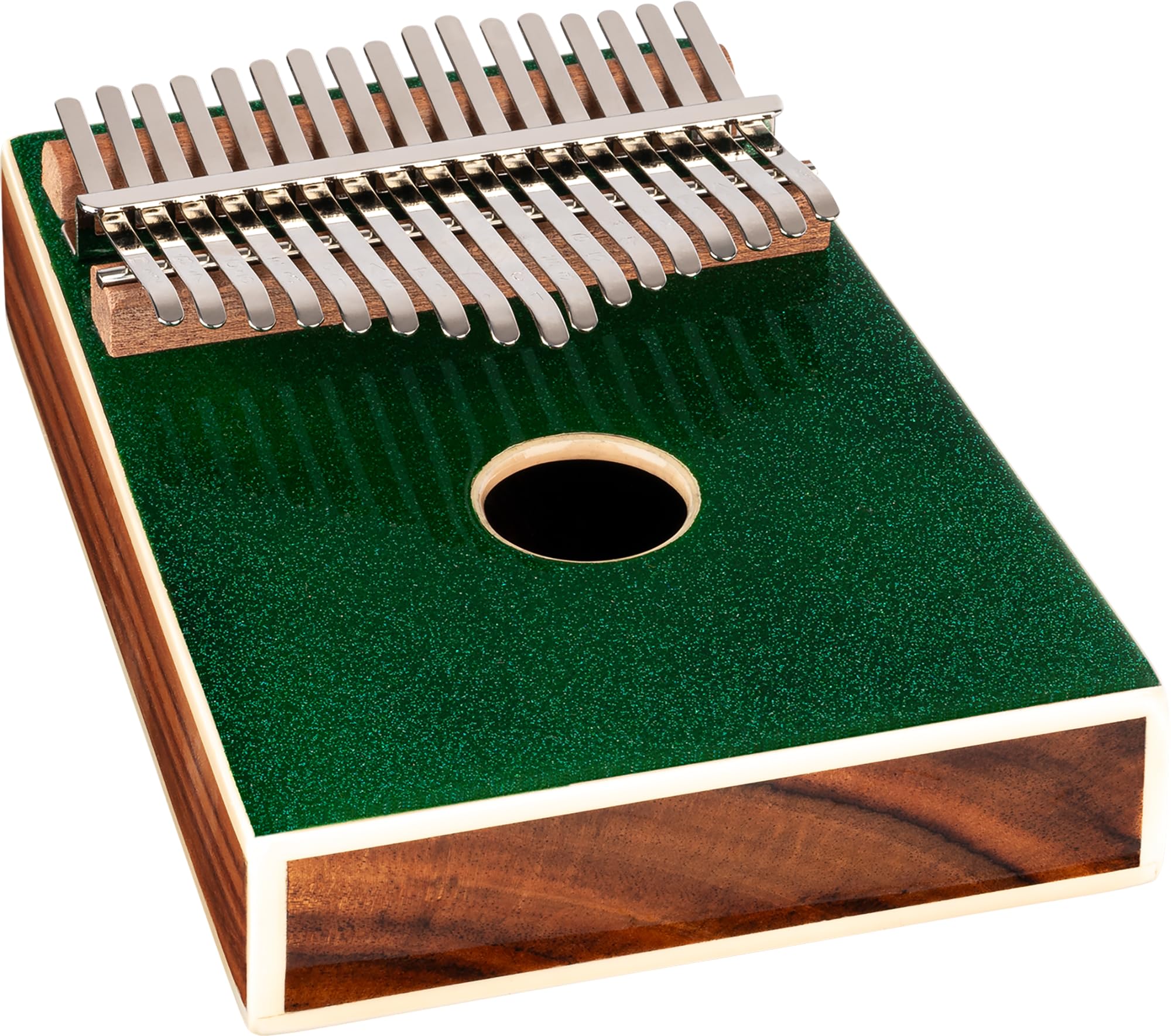 Ortega Guitars Kalimba Do Majeur Acoustique – Percussion Series – Piano à Pouces 17 Lames – Accessoires Inclus – Acacia, Vert avec des paillettes (OKB4-MGR)