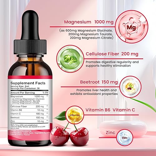 Miniatura 3 de Paquete de 2 gotas líquidas de glicinato de magnesio para dormir, nervios, energía, sabor muscular sin azúcar a piña y cereza