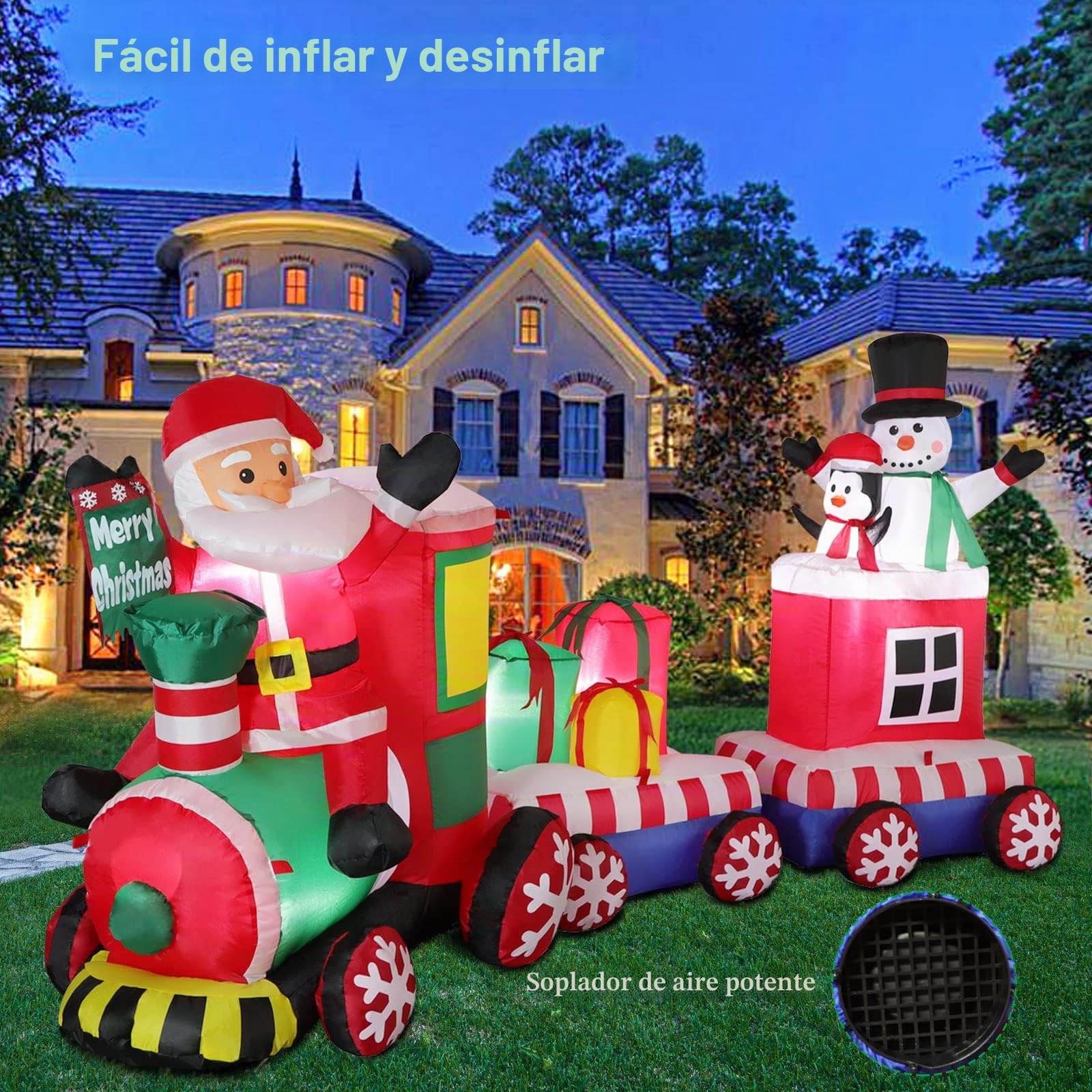 Omdekor 240CM Tren Inflable Navideño con Papá Noel Pingüino Muñeco de Nieve, Decoración Navideña Inflable, Luz LED Incorporada, Fiesta de Navidad, Festival, Jardín, Césped, Patio Decoración