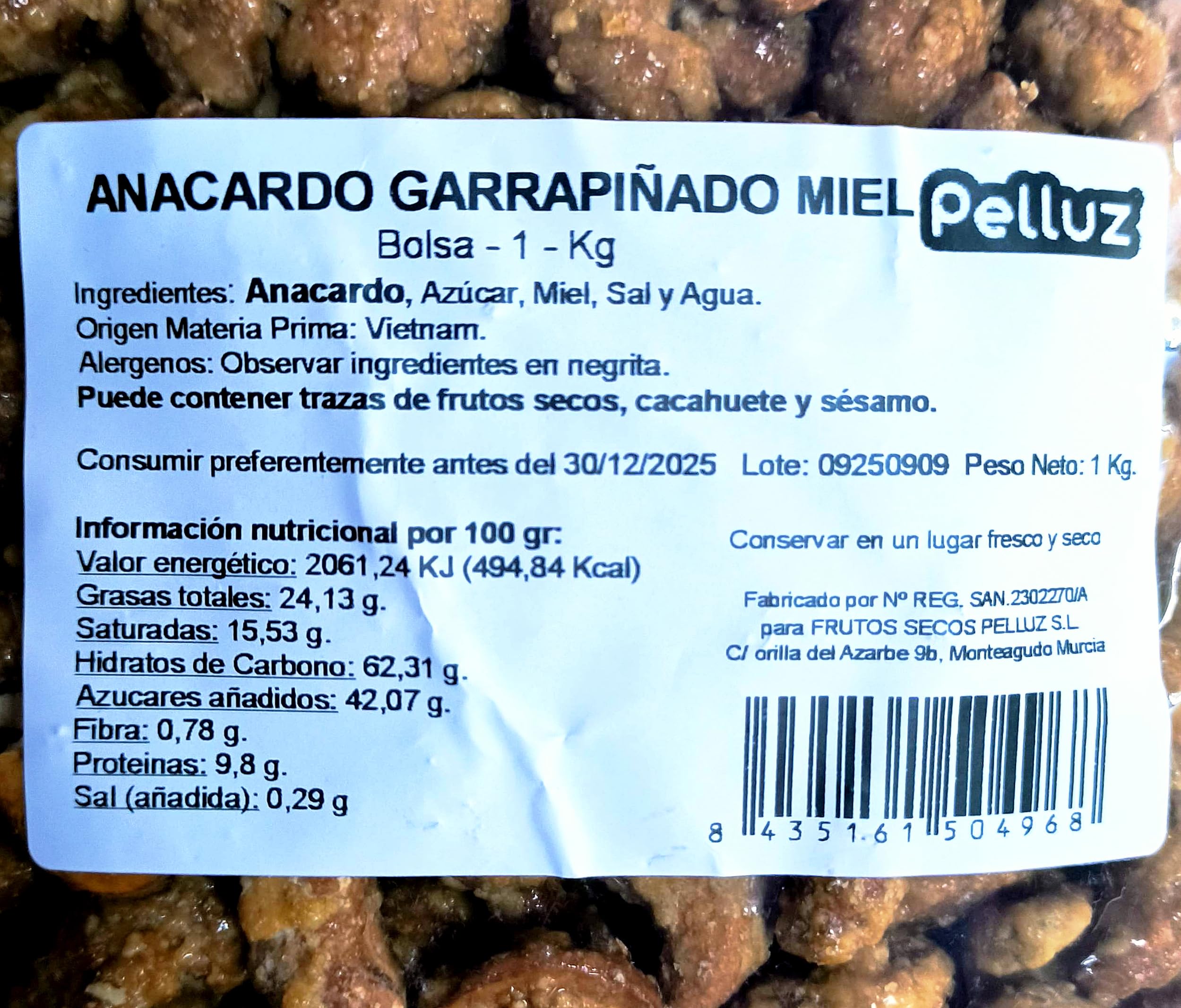 Anacardos Garrapiñados con miel 1 Kg - Ingredientes Naturales