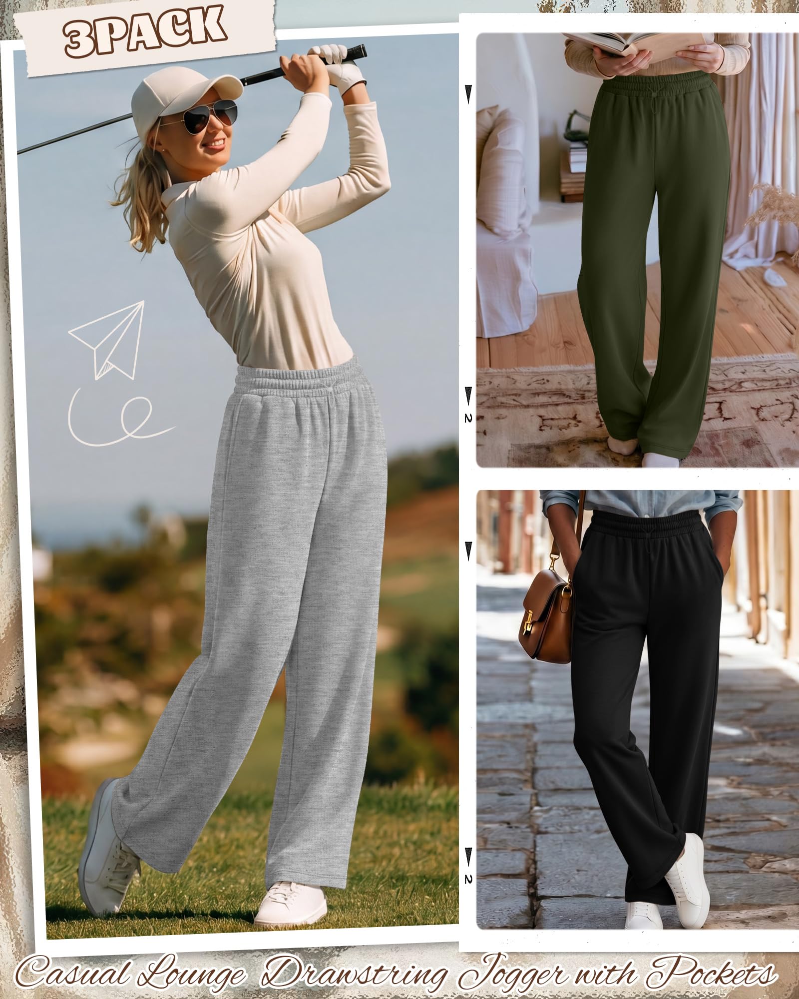 Neer Lot de 3 pantalons de survêtement à jambes larges pour femme, taille haute, élastique, baggy long, décontracté, yoga, jogging avec poches