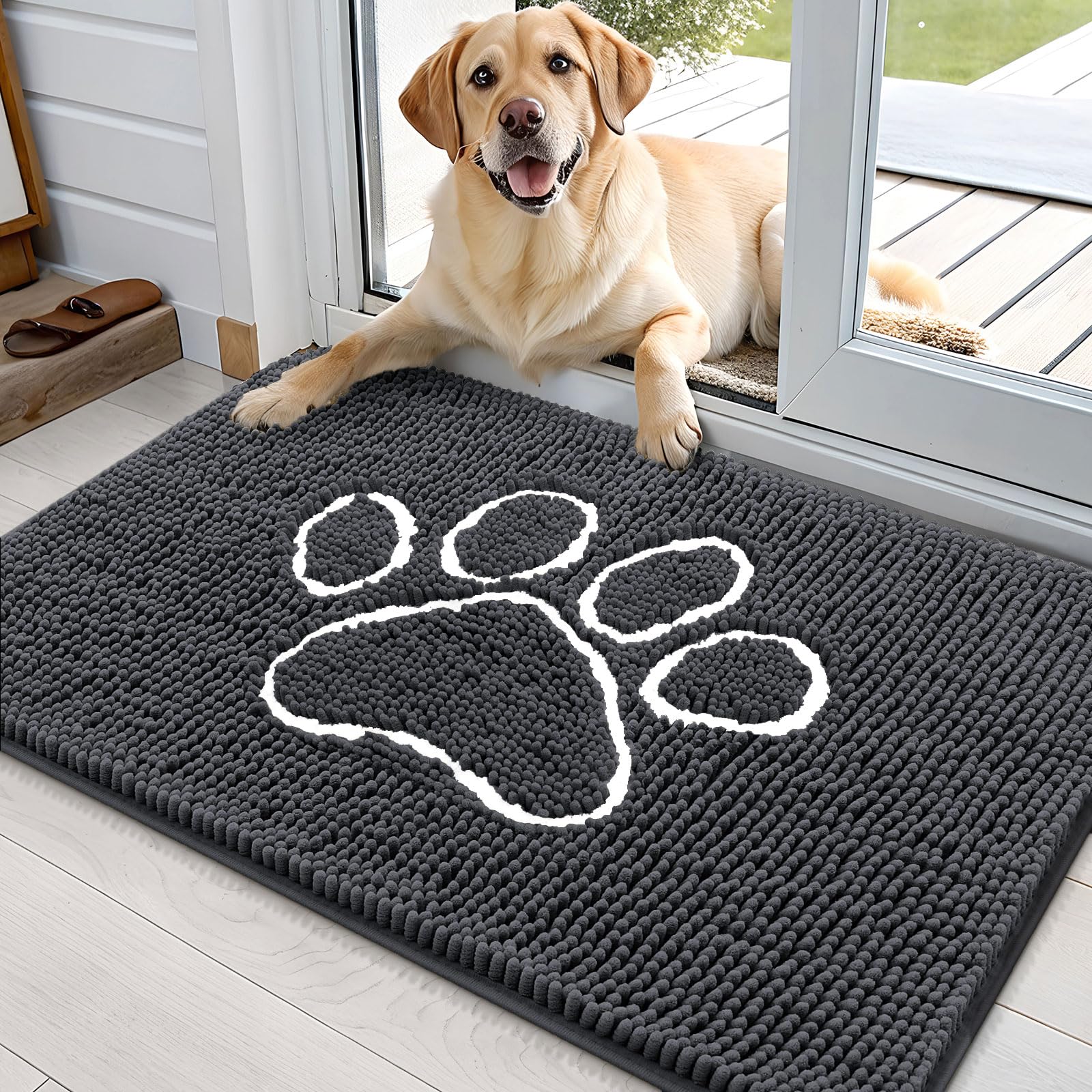 OLANLY Dog Door Mat for Muddy Paws 36x24, Paw Print Design Chenille Mud Mat