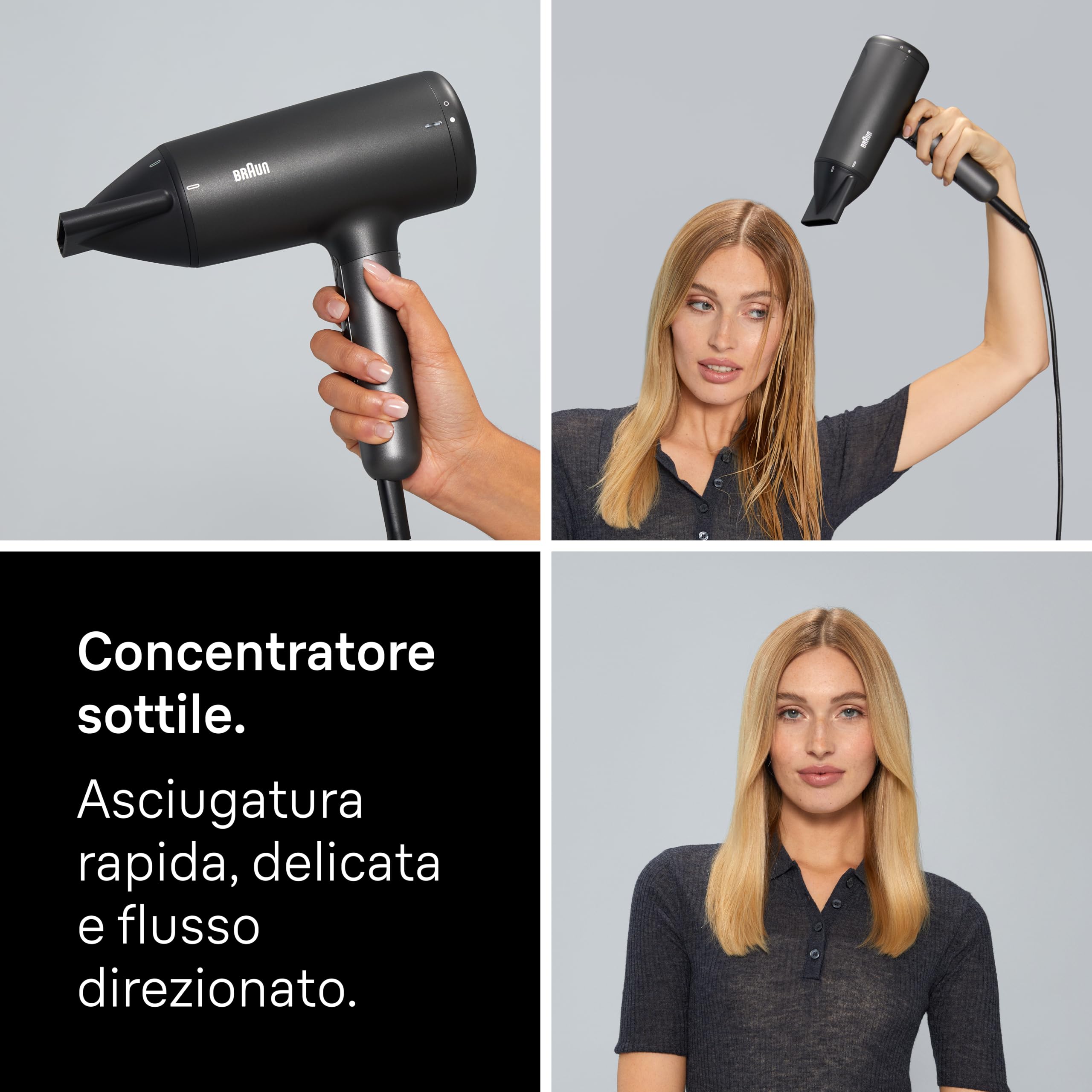 Asciugacapelli Braun HD4.2, alte prestazioni, diffusore e concentratore, Super IONTEC, motore HTDC 2100W, 3 temperature e 3 velocità, Satin Black metallizzato, protezione, risultati ottimali, BRHD425E