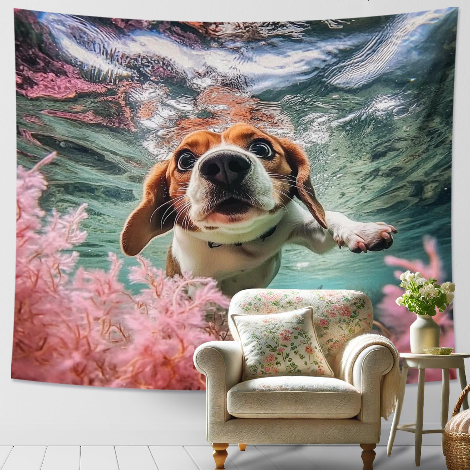Underwater Dog Swimming Tapestry, Colorful Marine Life Wall Hanging, Cute Animal Decor for Bedroom, Living Room, Kids Room, Singular Dog Lover Gift