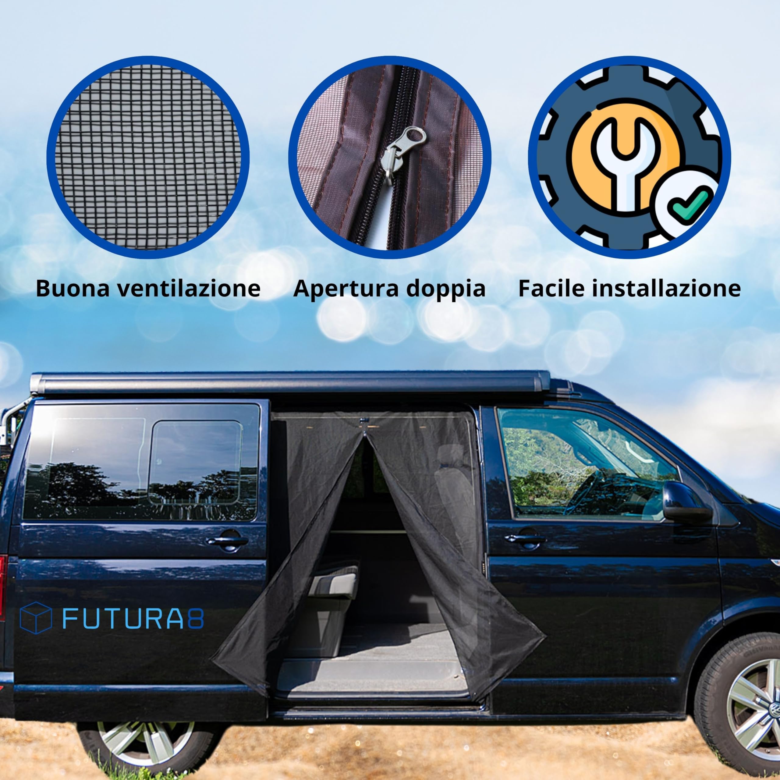 Zanzariera magnetica per furgone Futura8, compatibile con vw T4,T5,T6 - Vito, Tourneo, Duncan, nylon leggero, anti insetti, ventilazione ottimale, installazione facile, tenda porta scorrevole camper