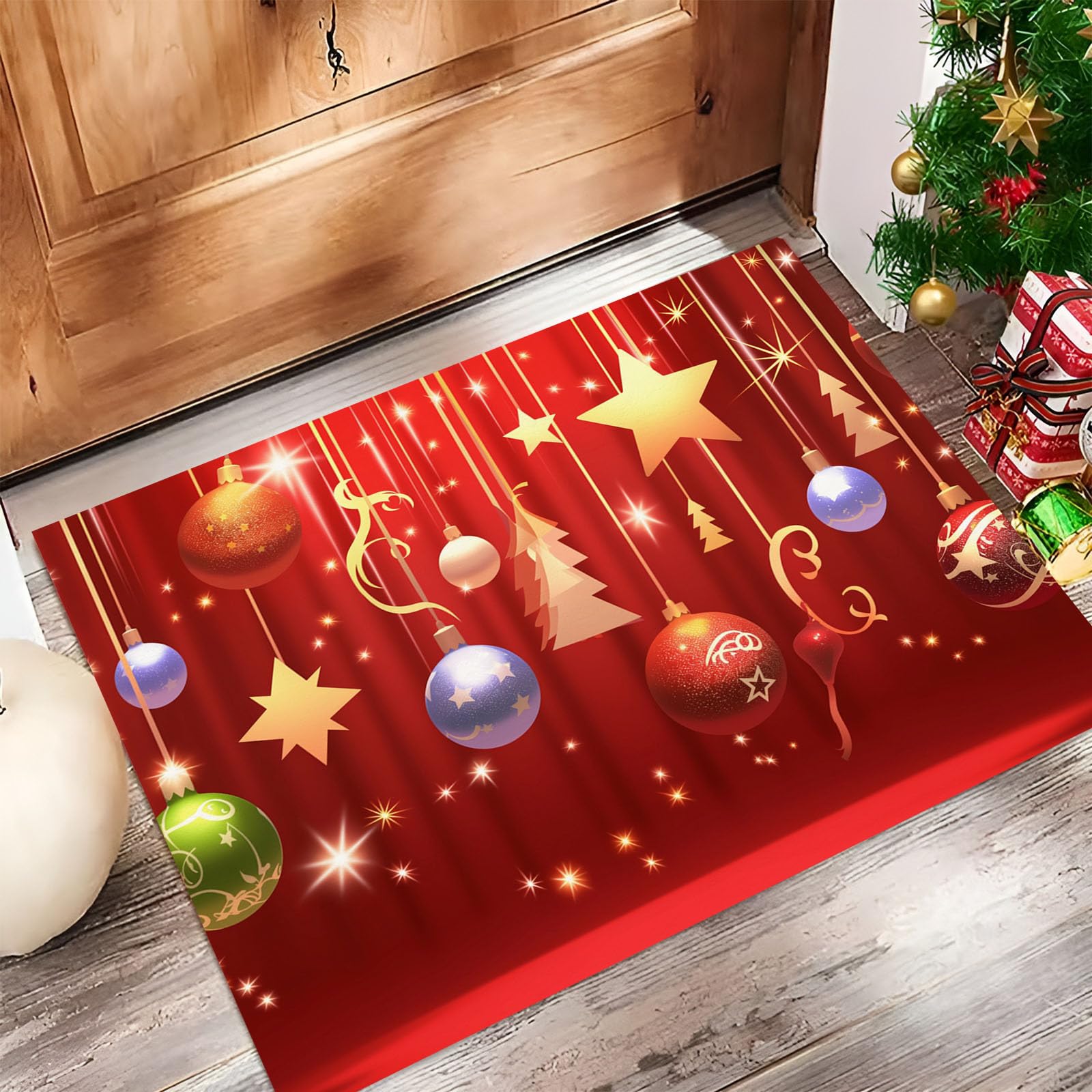Paillasson de Noël 60x90 cm rouge décoré d'étoiles et flocons pour l'entrée