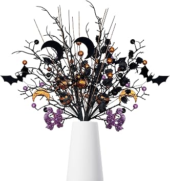 4PCS Halloween Tree Picks Decorative, Black Branches with Glittery Spider,4-Piece Set, Black Branches and Purple Spooky Branch Sprays, Indoor Halloween Decor for Table Centerpieces, Vase Bouquet