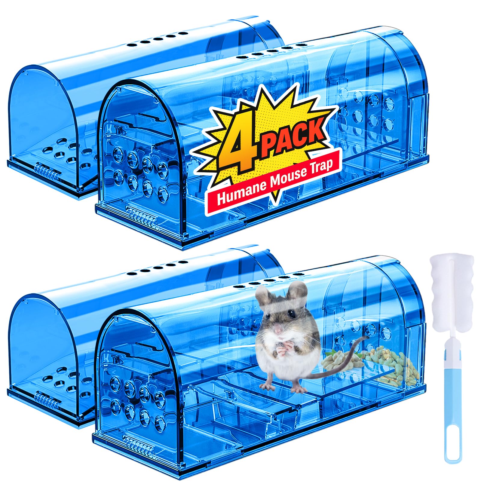 4 Pack Humane Mouse Traps No Kill, Catch and Release Live Mouse Trap Indoor for Home, Reusable Mice Trap Cage with Cleaning Brush(Blue)