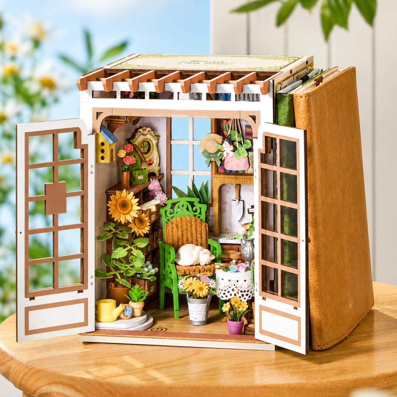 Rolife Book Nook DIY Maquette en Bois Adulte avec Lumières Monde Floral Secret Puzzle 3D Miniature Maison à Construire Serre-Livres Diorama Décoration Livre Bibliothèque Salon