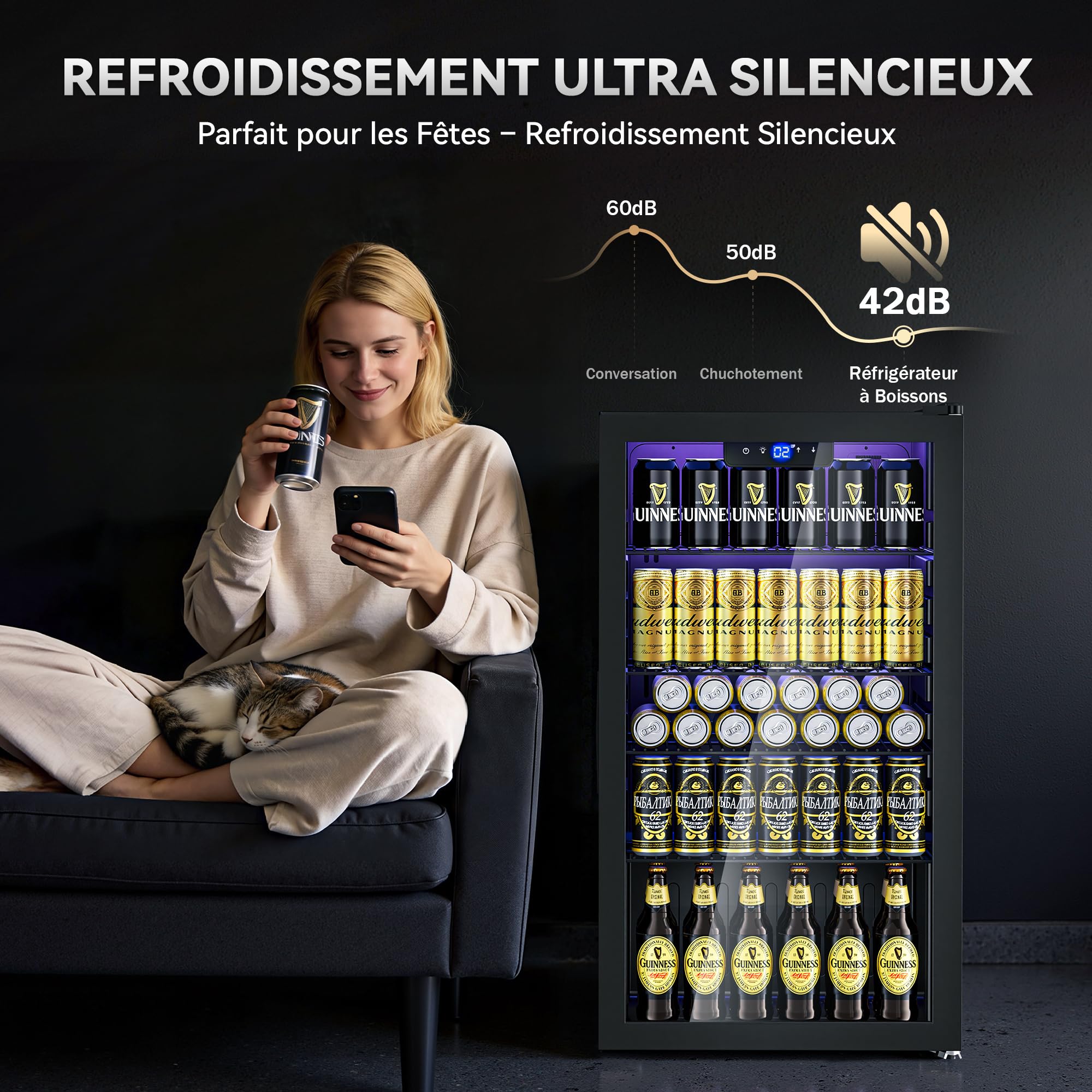 TRIUMPHKEY Réfrigérateur à Boissons 86 L Sans Givre, Porte Vitrée, 4 Étagères, 130 Canettes, Mini Frigo pour Bar Bureau Maison